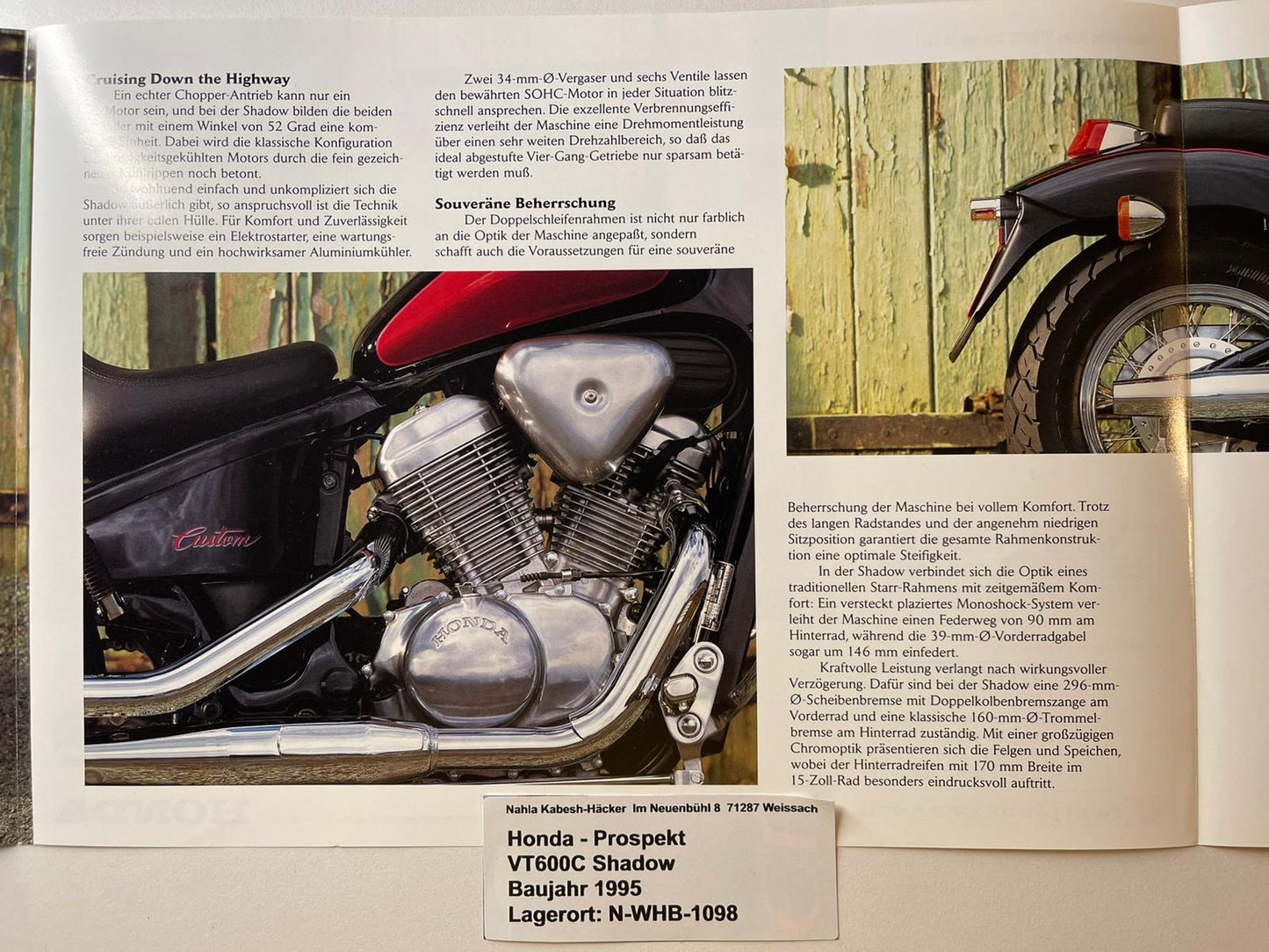 Prospekt Honda VT600C Shadow Bj. 1995 + Aufkleber