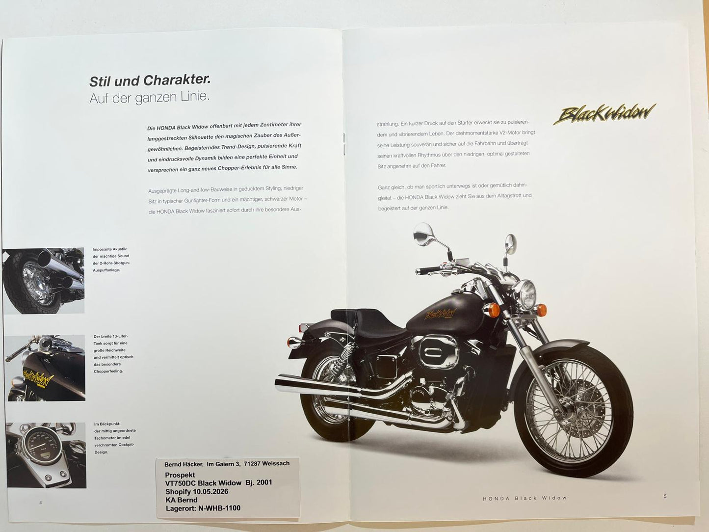 Prospekt Honda VT750DC Black Widow Bj. 2001 + Aufkleber