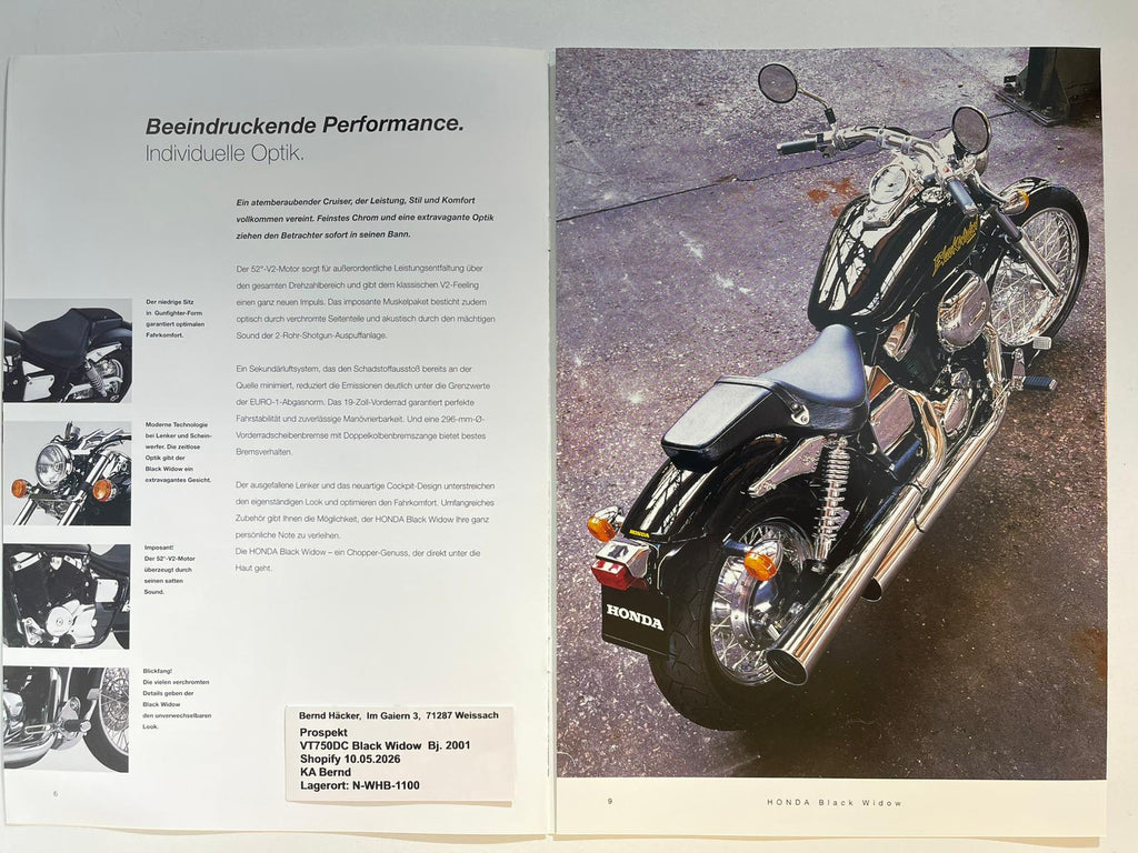 Prospekt Honda VT750DC Black Widow Bj. 2001 + Aufkleber