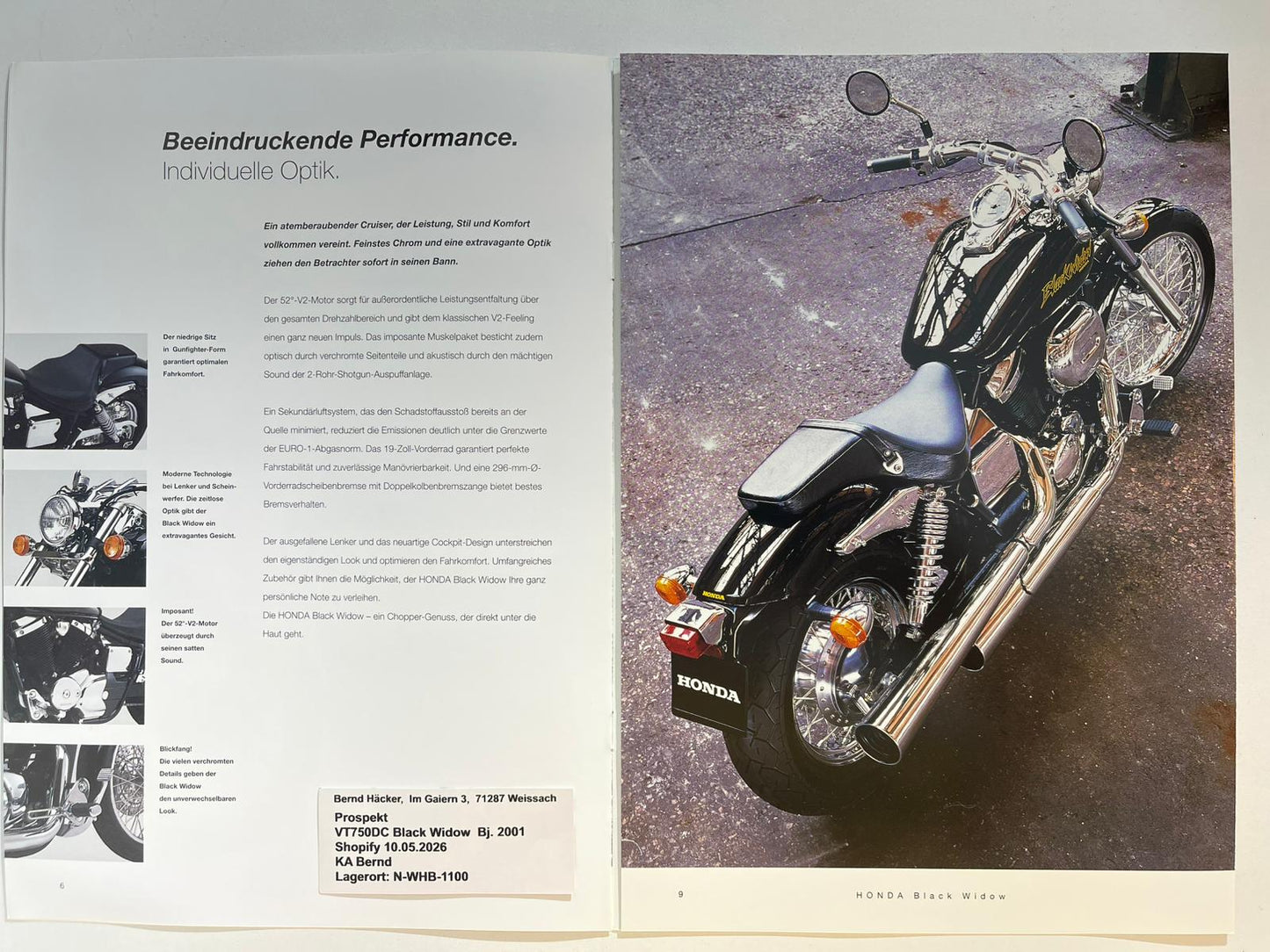 Prospekt Honda VT750DC Black Widow Bj. 2001 + Aufkleber