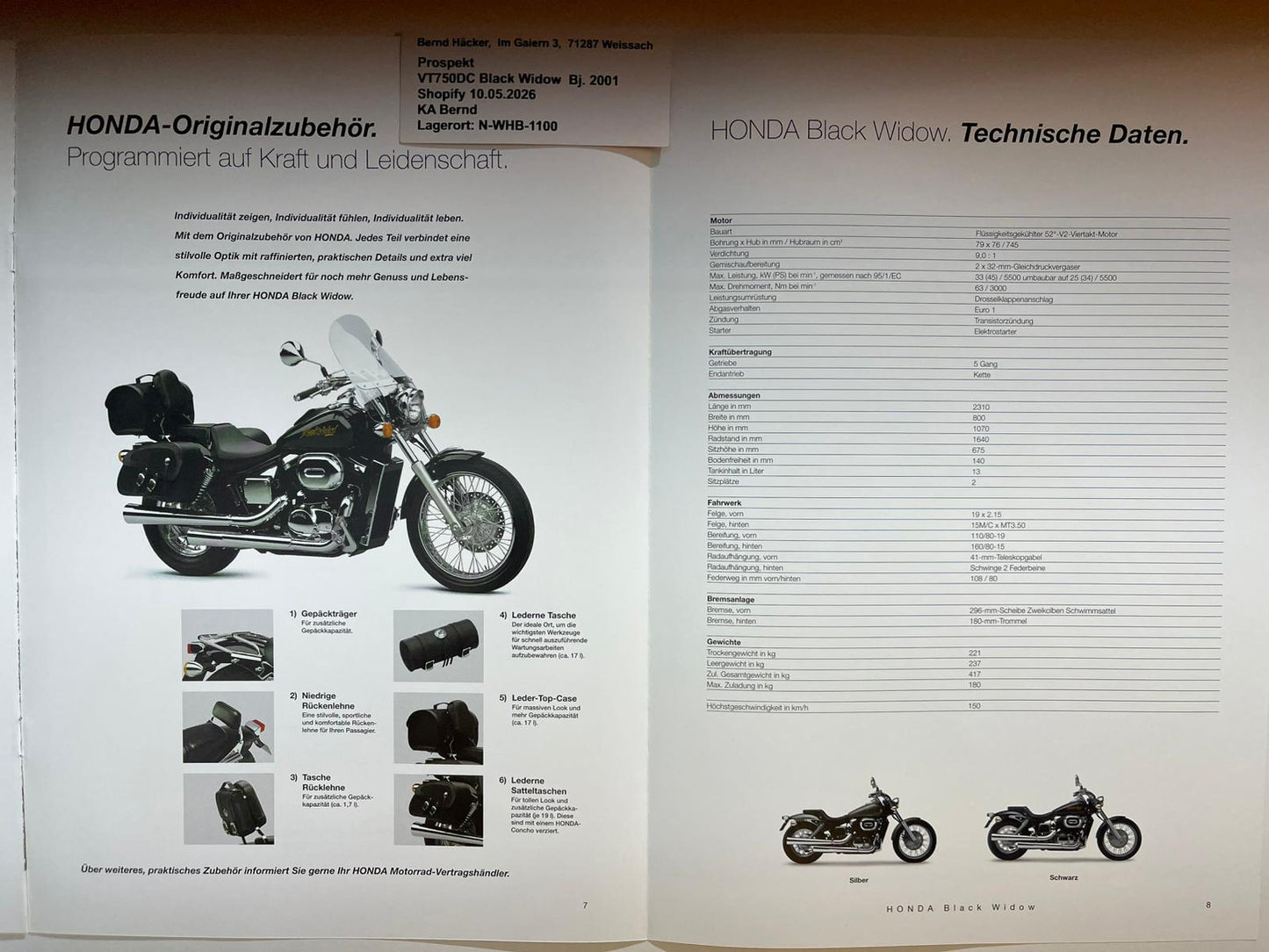 Prospekt Honda VT750DC Black Widow Bj. 2001 + Aufkleber