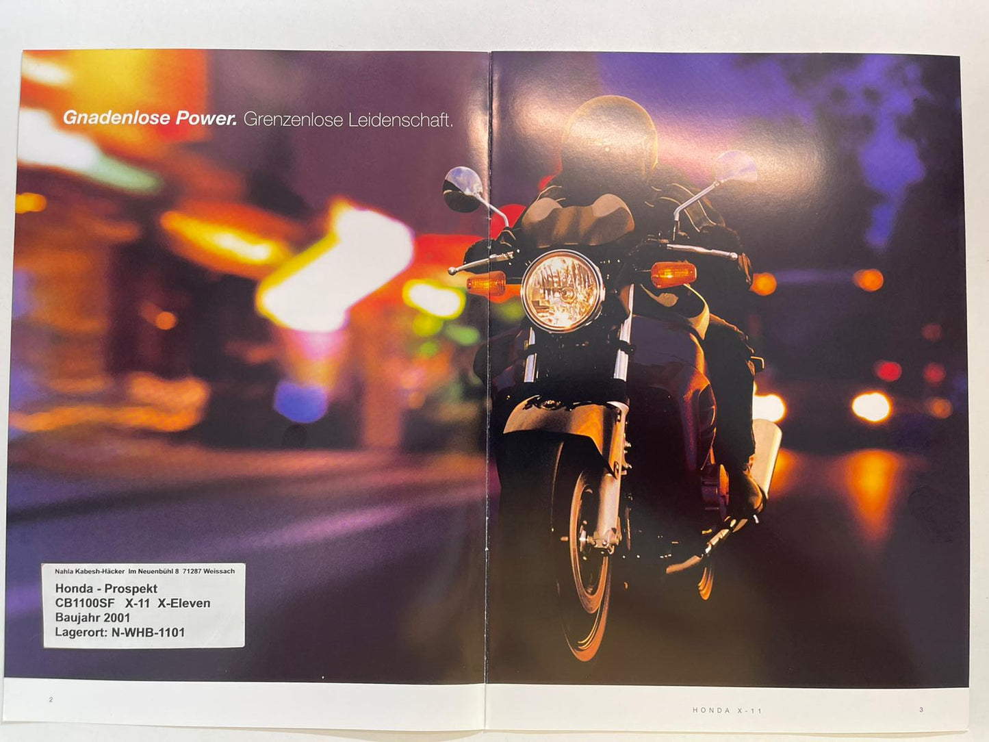 Prospekt Honda CB1100SF X-11 X-Eleven Bj. 2001 + Aufkleber