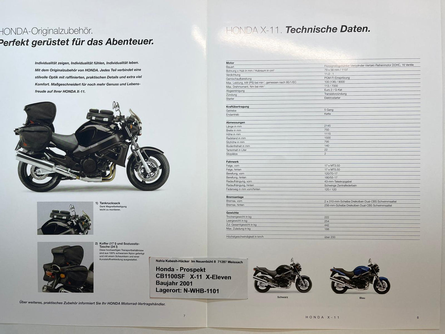 Prospekt Honda CB1100SF X-11 X-Eleven Bj. 2001 + Aufkleber