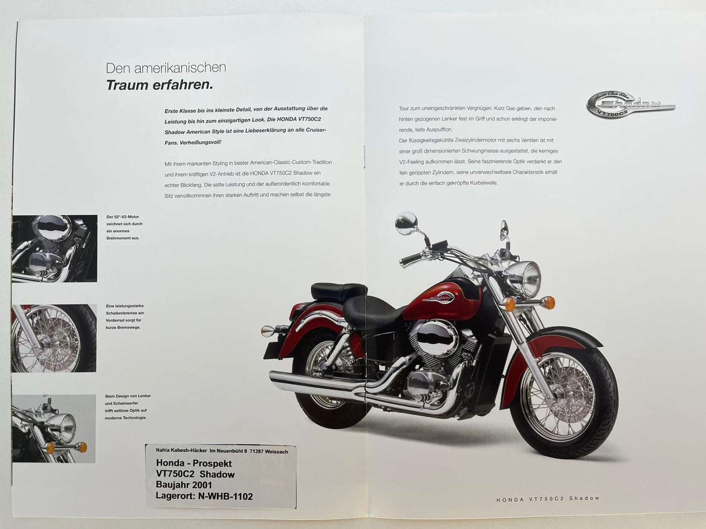 Prospekt Honda VT750C2 Shadow Baujahr 2001 + Aufkleber neu