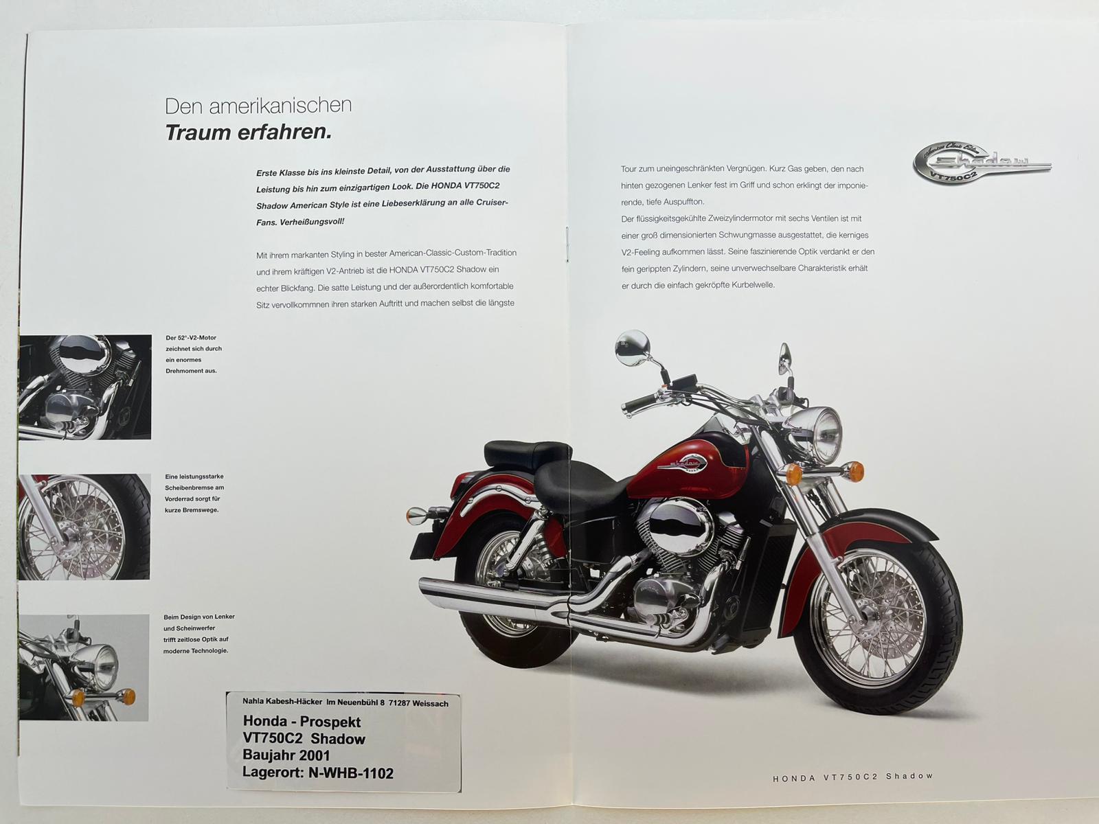 Prospekt Honda VT750C2 Shadow Baujahr 2001 + Aufkleber neu