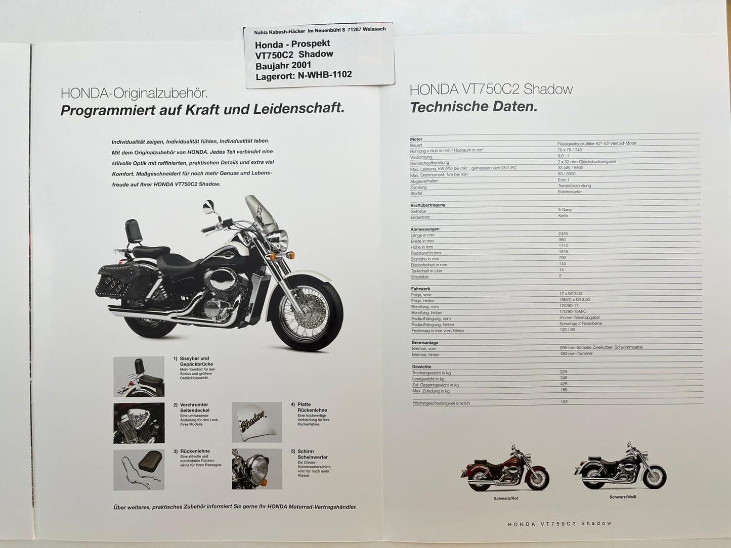 Prospekt Honda VT750C2 Shadow Baujahr 2001 + Aufkleber neu