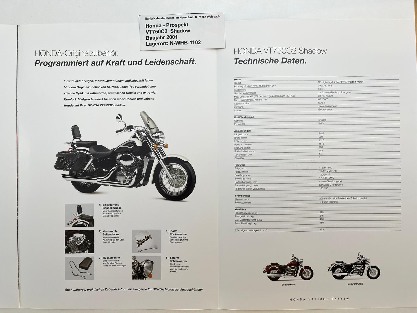 Prospekt Honda VT750C2 Shadow Baujahr 2001 + Aufkleber neu