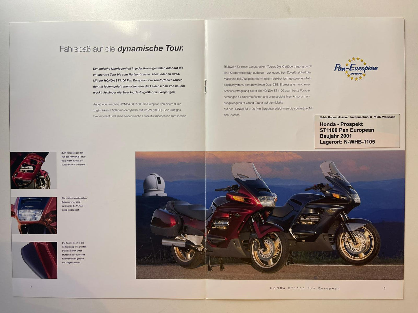 Prospekt Honda ST1100 Pan Eropean ABS Bj. 2001 + Aufkleber neu
