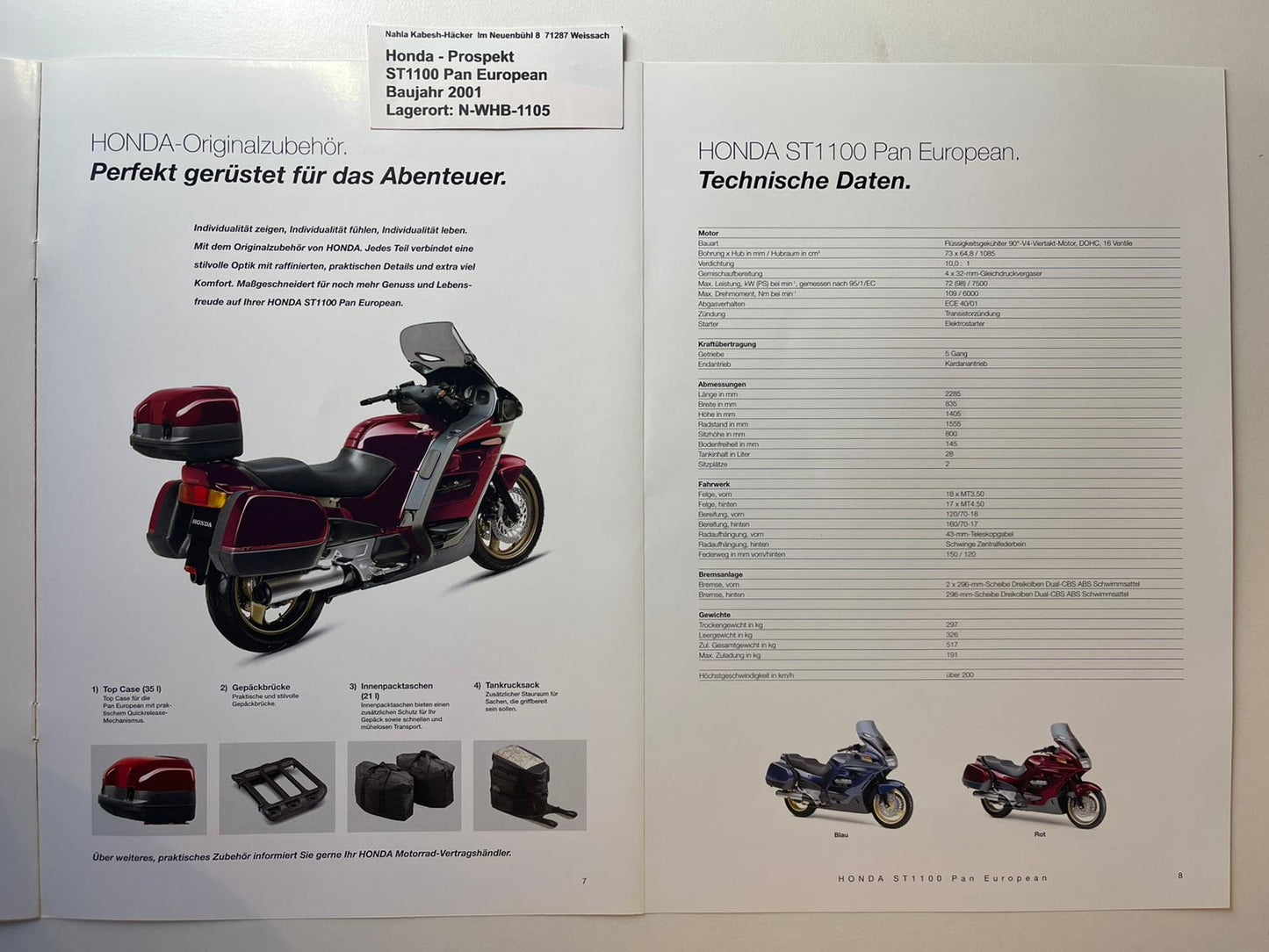Prospekt Honda ST1100 Pan Eropean ABS Bj. 2001 + Aufkleber neu
