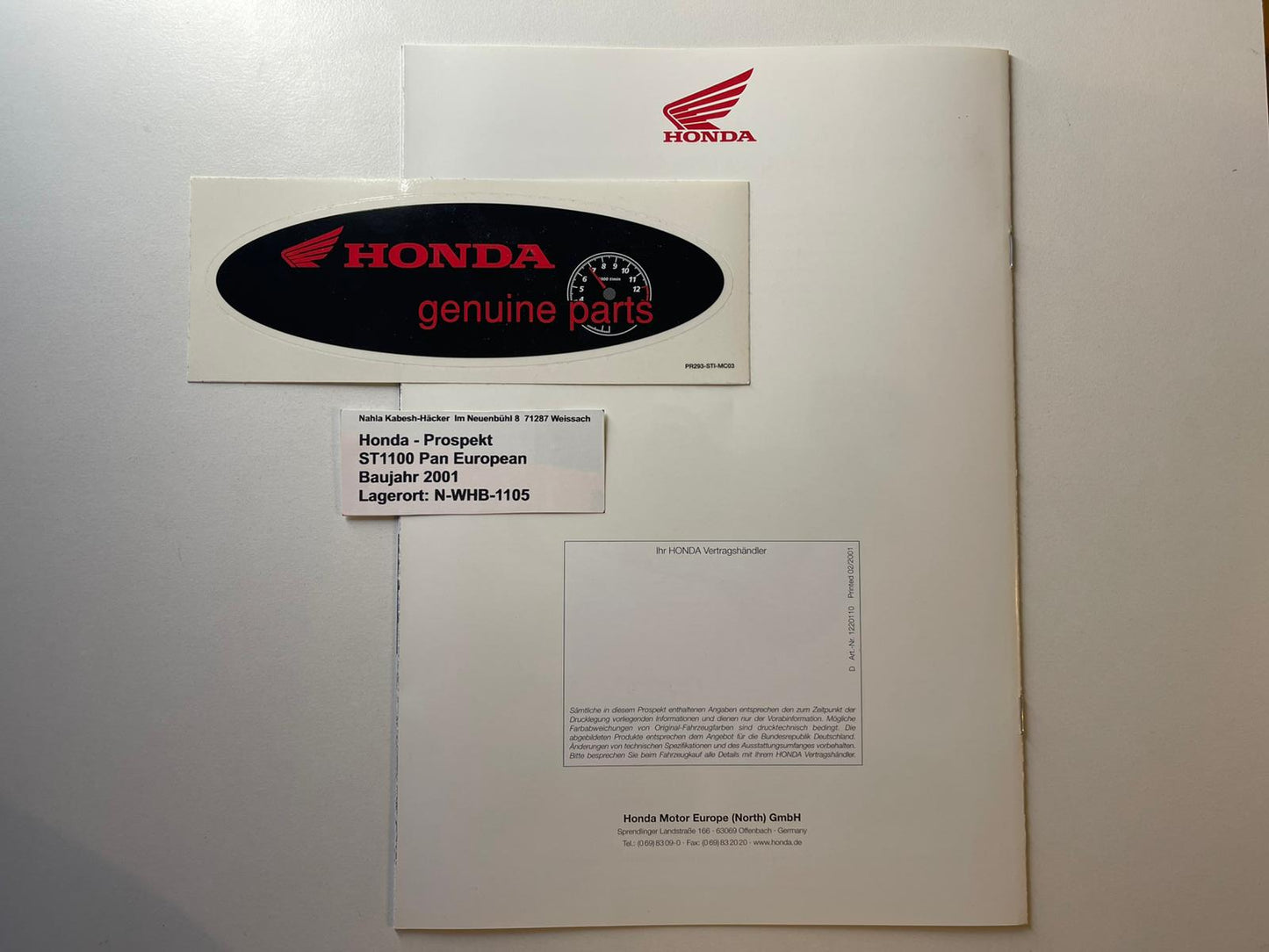 Prospekt Honda ST1100 Pan Eropean ABS Bj. 2001 + Aufkleber neu