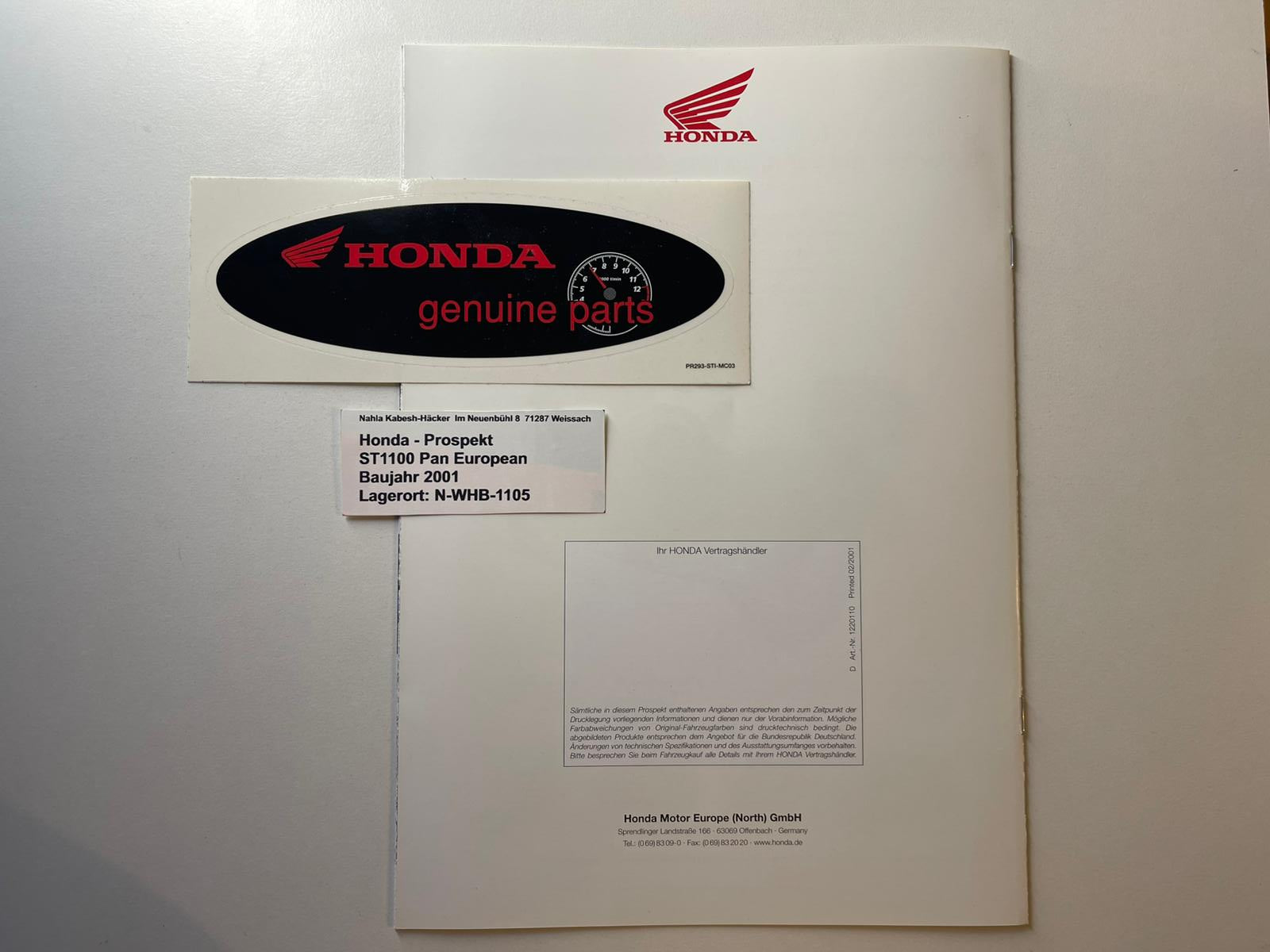 Prospekt Honda ST1100 Pan Eropean ABS Bj. 2001 + Aufkleber neu