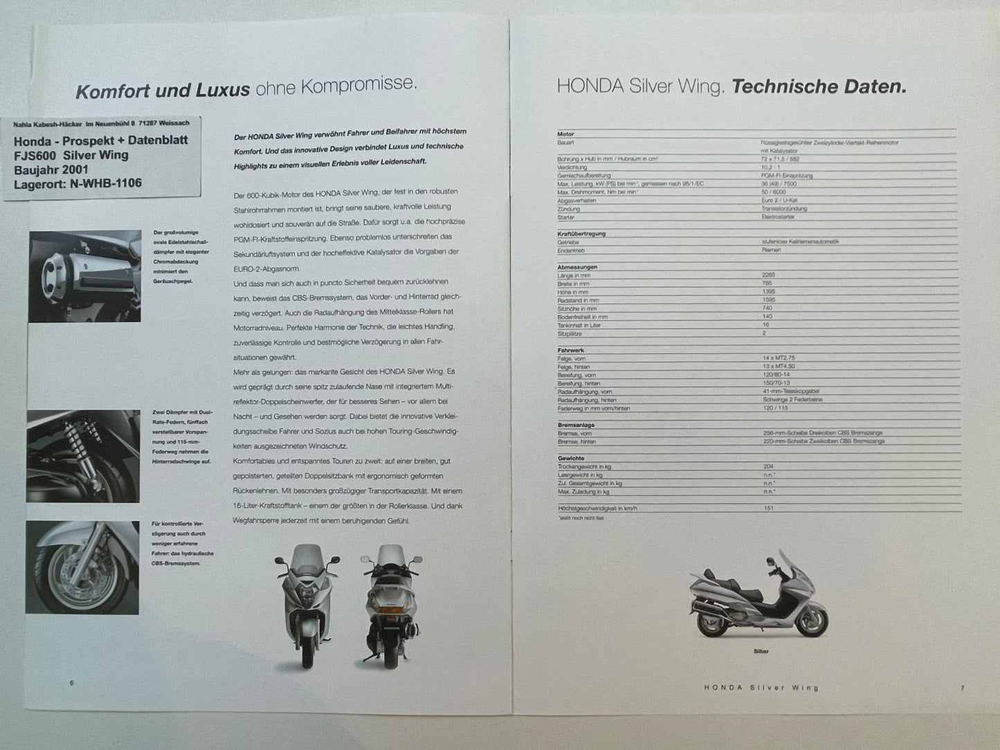 Prospekt Honda FJS600 Silver Wing Bj. 2001 + Aufkleber + Datenblatt neu