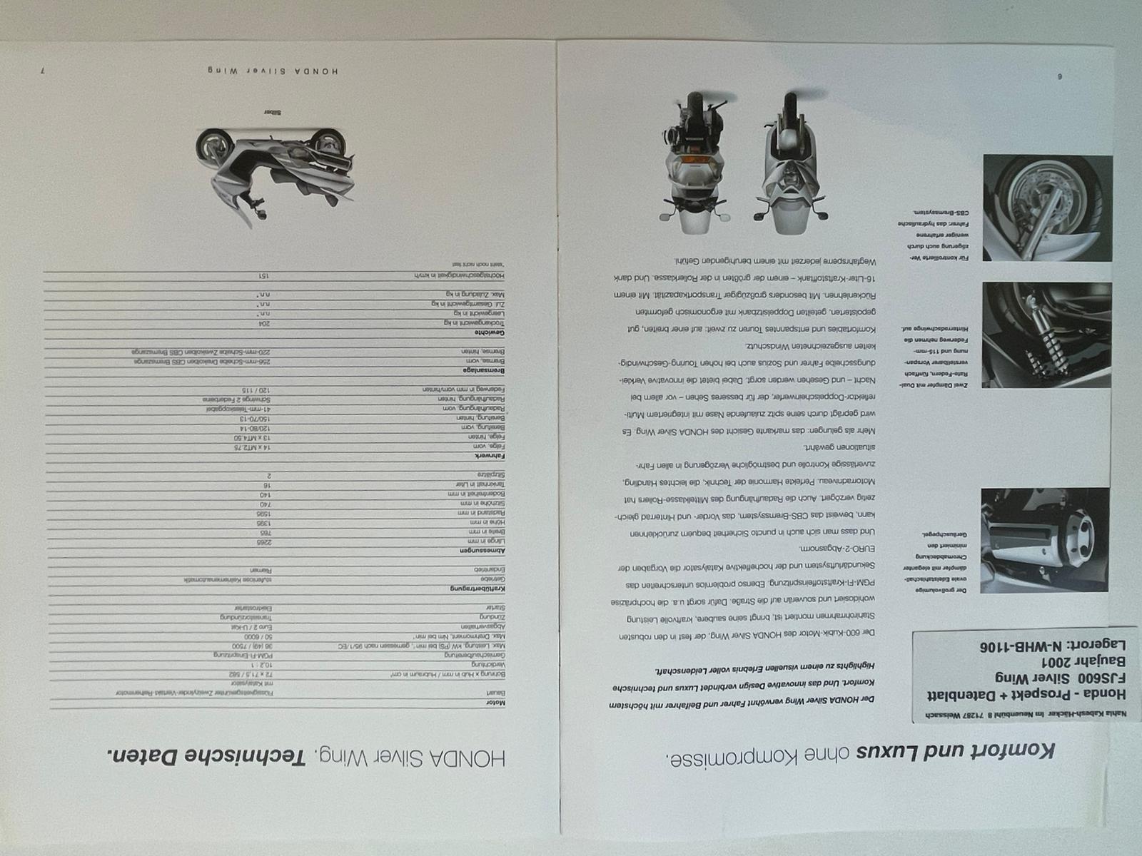 Prospekt Honda FJS600 Silver Wing Bj. 2001 + Aufkleber + Datenblatt neu