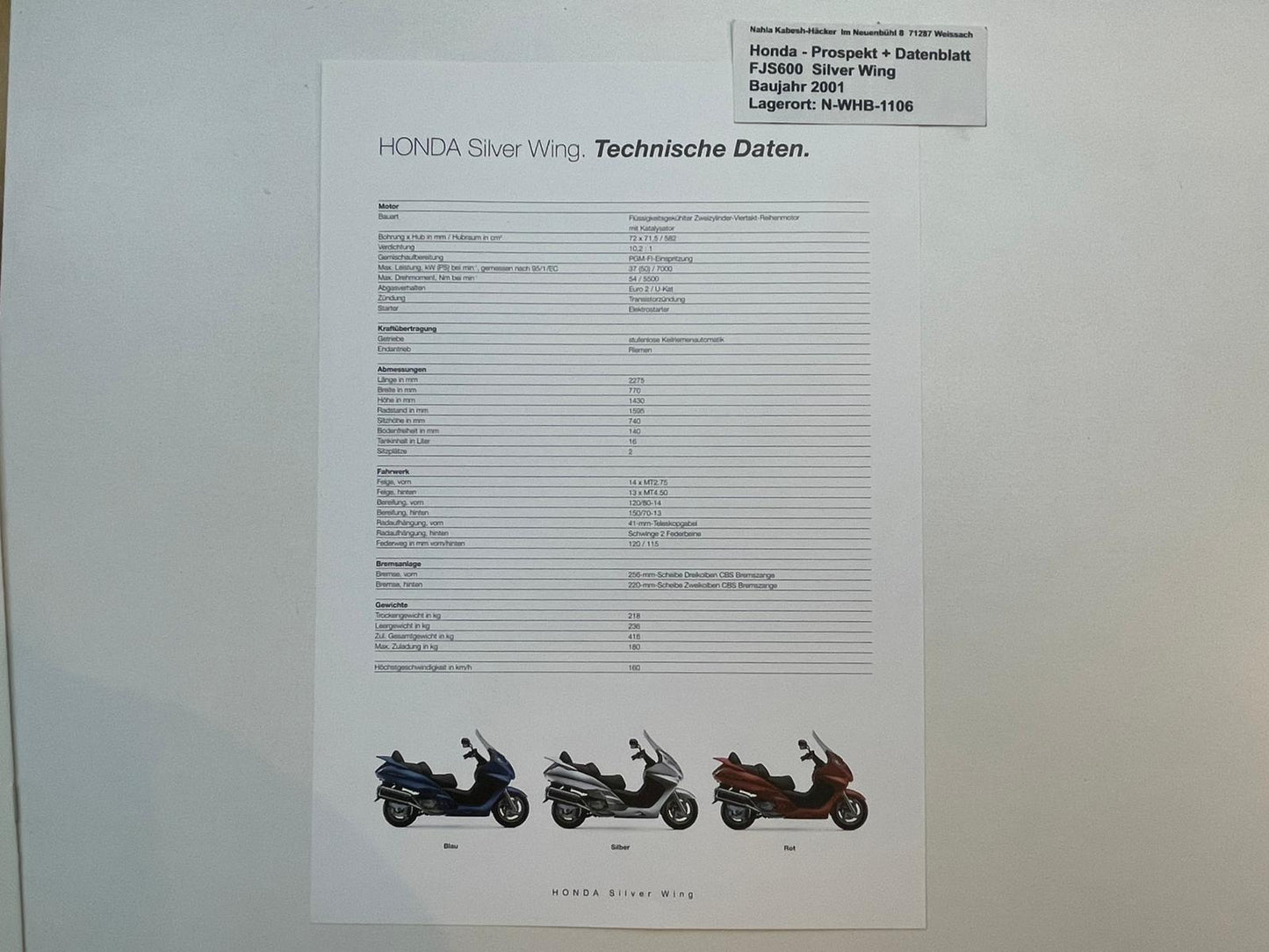 Prospekt Honda FJS600 Silver Wing Bj. 2001 + Aufkleber + Datenblatt neu