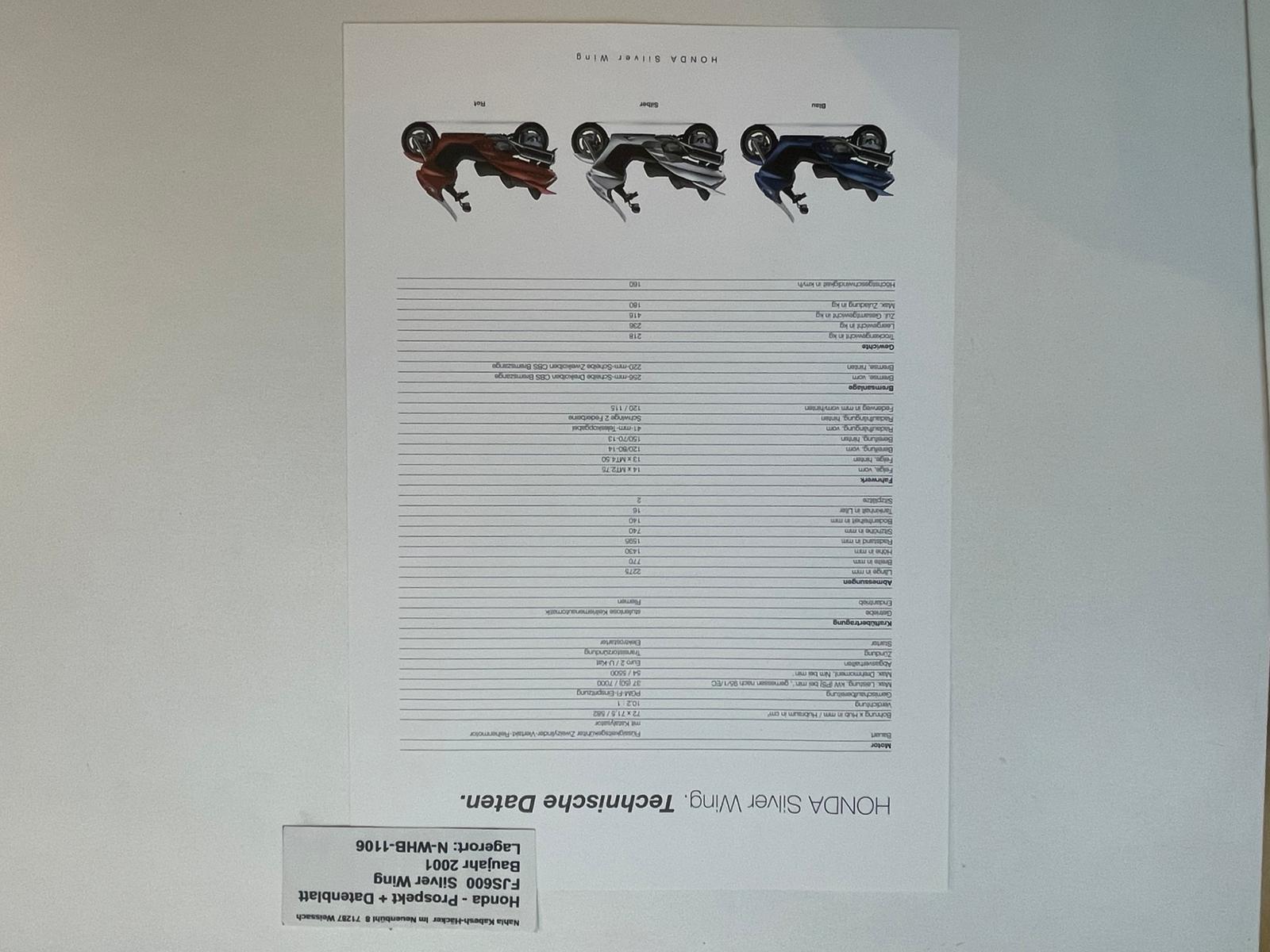 Prospekt Honda FJS600 Silver Wing Bj. 2001 + Aufkleber + Datenblatt neu