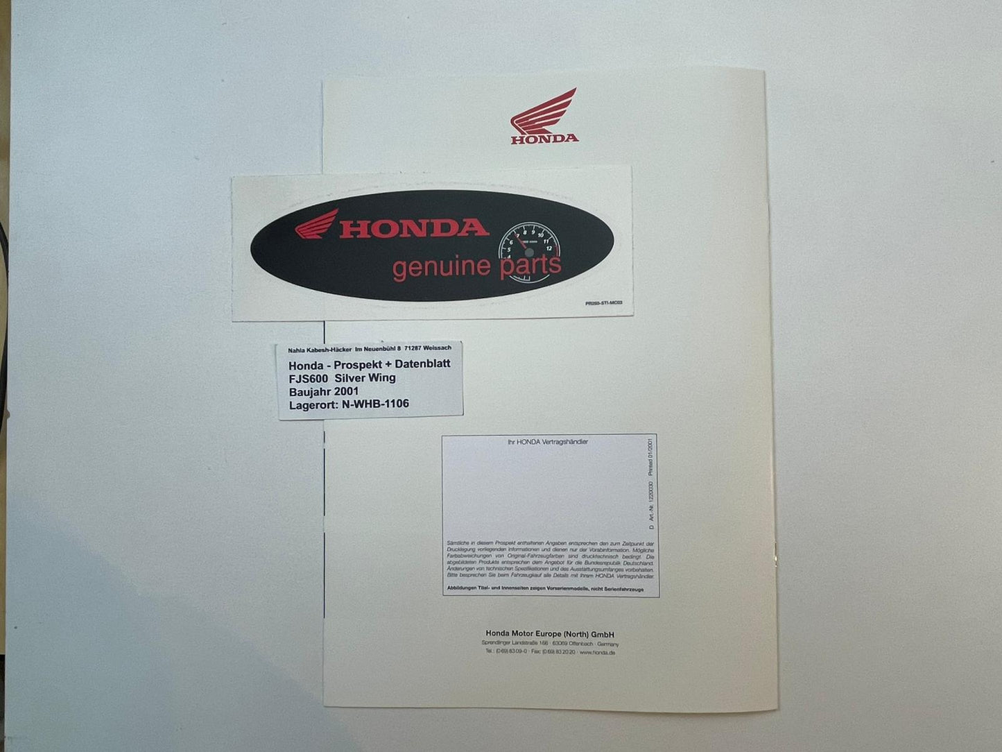 Prospekt Honda FJS600 Silver Wing Bj. 2001 + Aufkleber + Datenblatt neu