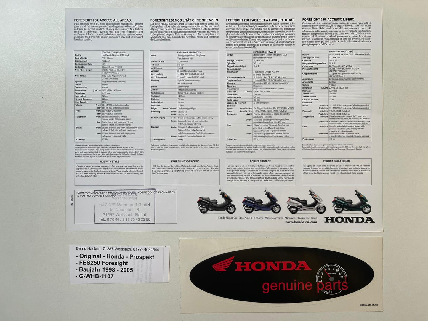Prospekt Honda FES250 Foresight Bj. 1998 - 2005 + Aufkleber