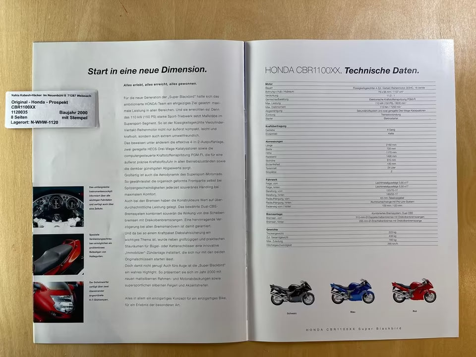 Prospekt Honda CBR1100XX Blackbird Bj. 2000 + Aufkleber