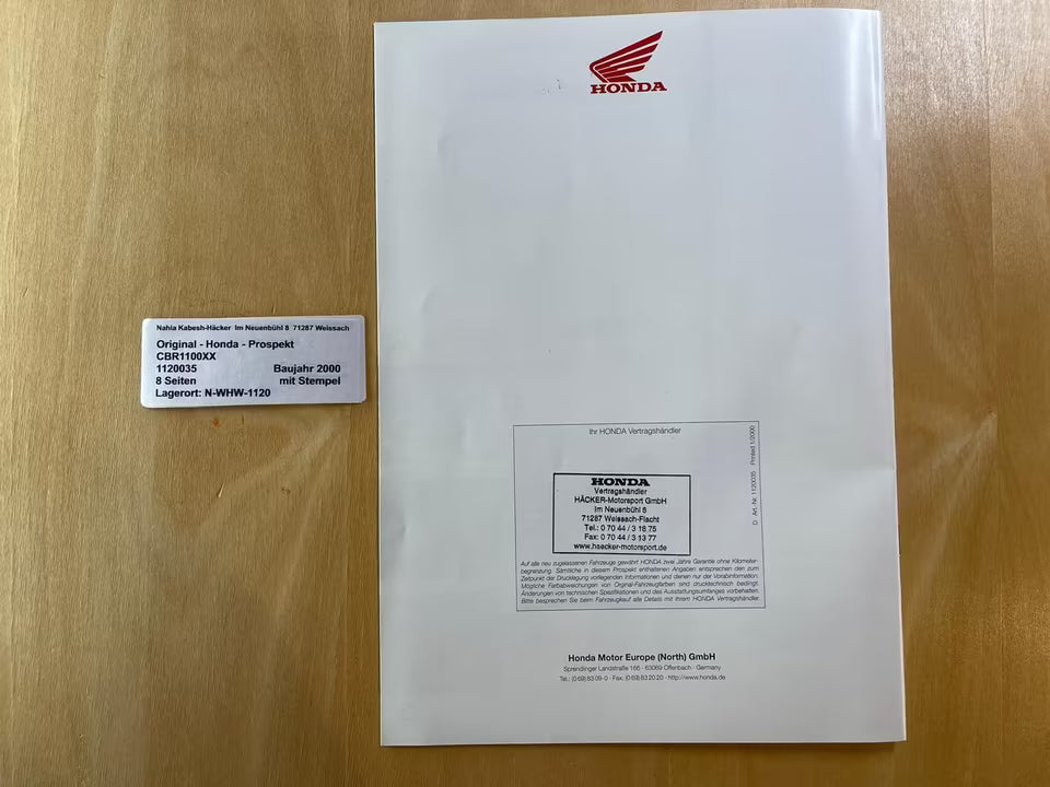 Prospekt Honda CBR1100XX Blackbird Bj. 2000 + Aufkleber