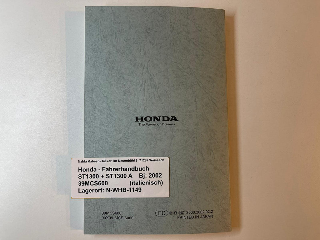 Fahrerhandbuch Honda ST1300 A Bj. 2002 Betriebanleitung 39MCS800