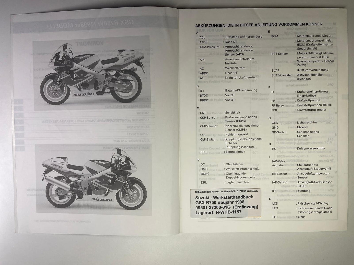 Werkstatthandbuch Ergänzung Suzuki GSX-R750 GSX-R 750 Bj. 1998