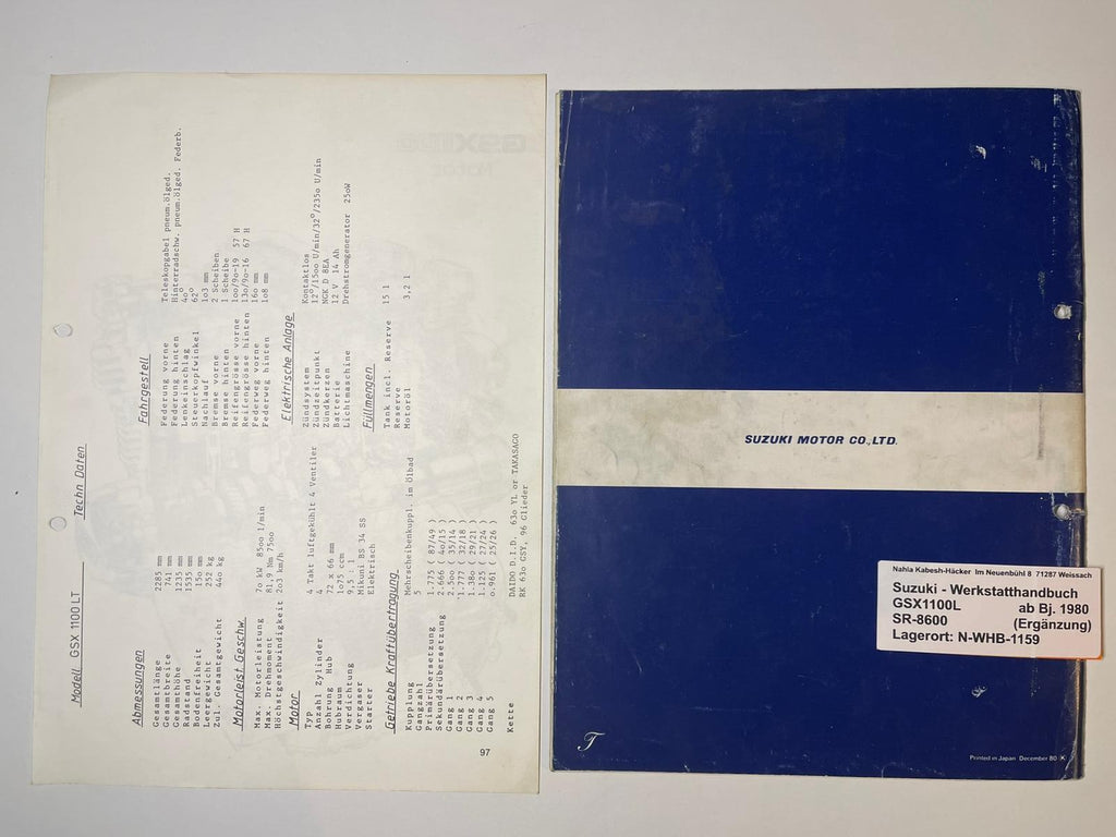 Werkstatthandbuch Ergänzung Suzuki GSX1100L GSX 1100 L Bj. ab 1980 -