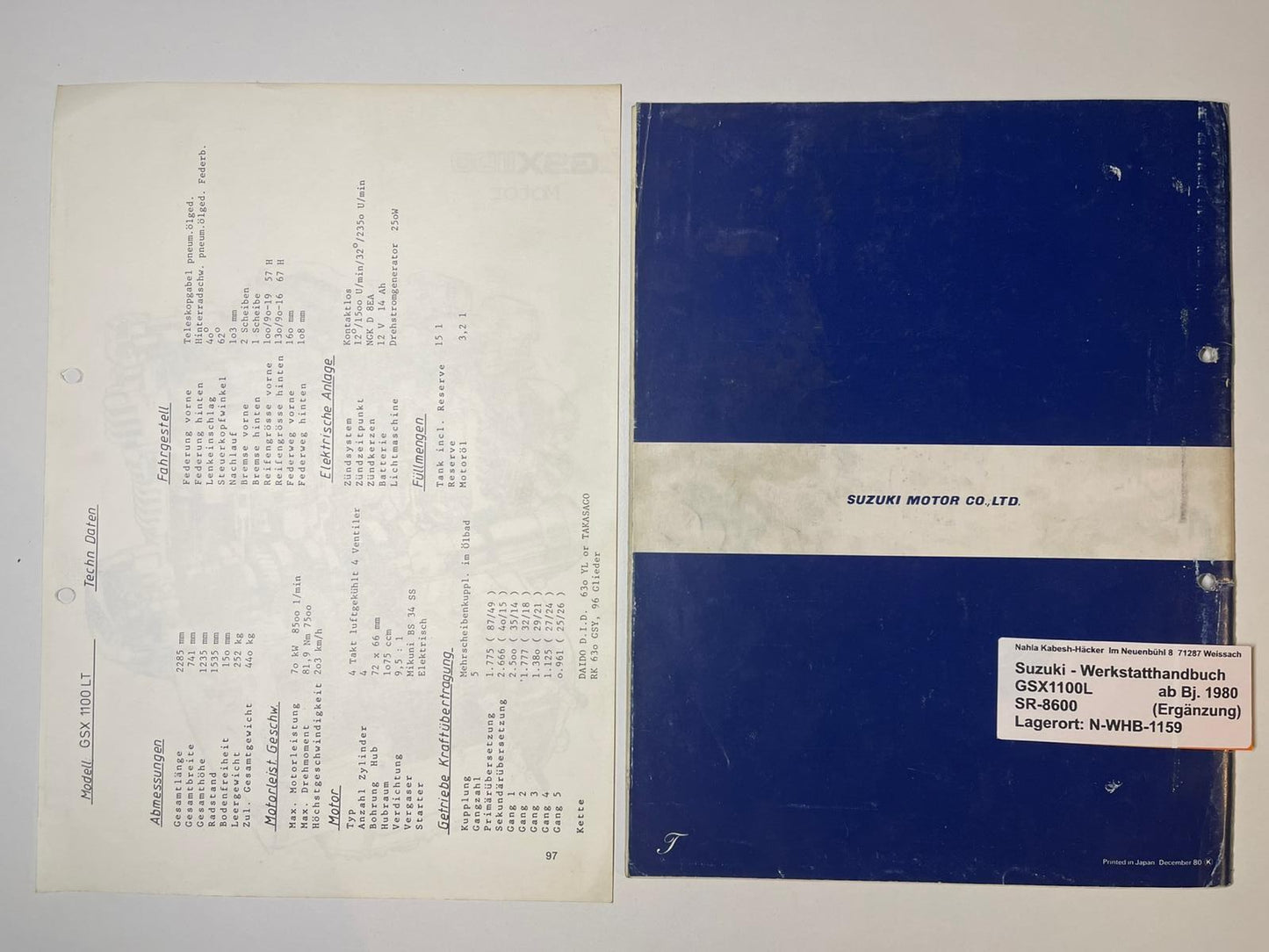 Werkstatthandbuch Ergänzung Suzuki GSX1100L GSX 1100 L Bj. ab 1980 -