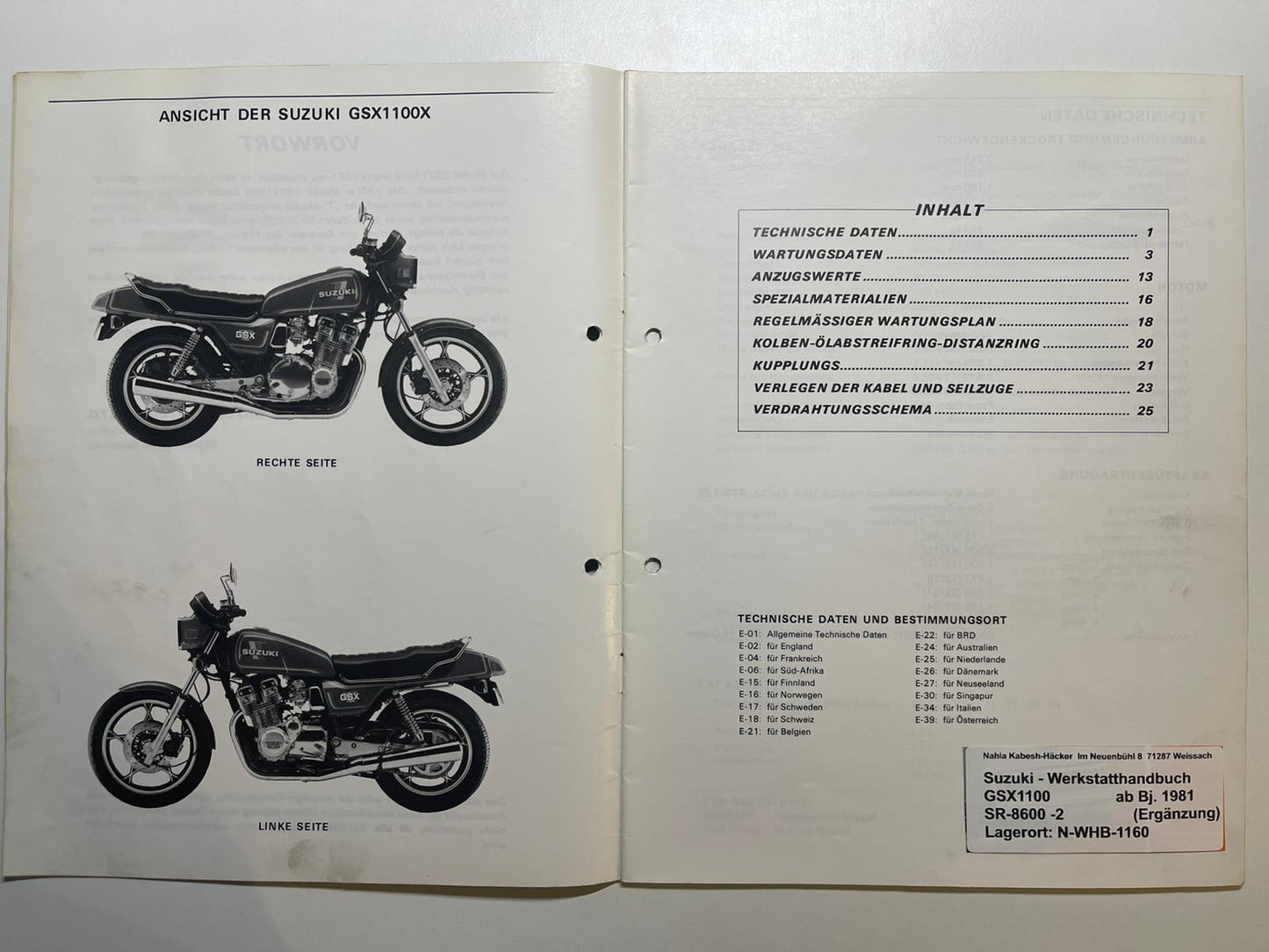 Werkstatthandbuch Ergänzung Suzuki GSX1100E GSX 1100 E Bj. ab 1981 -
