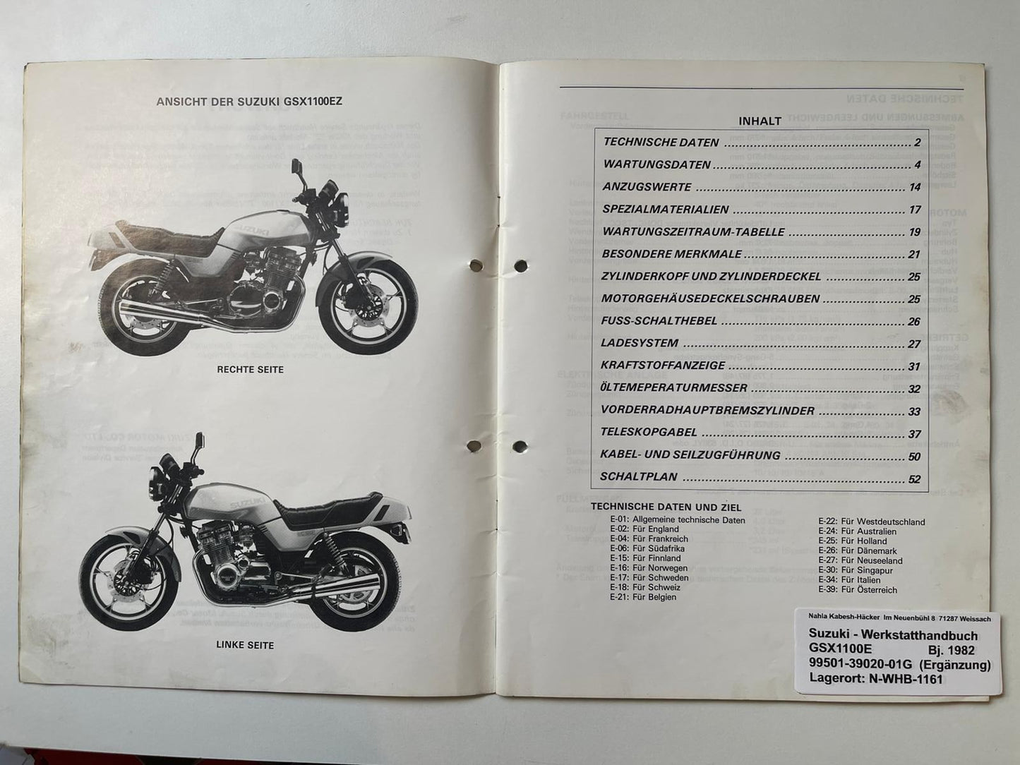 Werkstatthandbuch Ergänzung Suzuki GSX1100E GSX 1100 E Bj. ab 1982