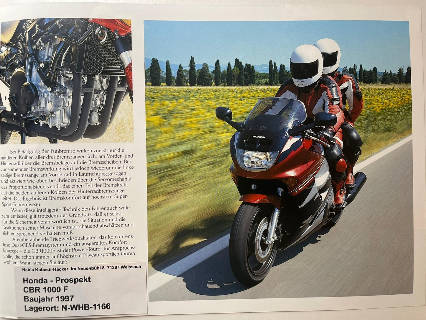 Prospekt Honda CBR1000F CBR 1000 F Bj. 1997 + Aufkleber