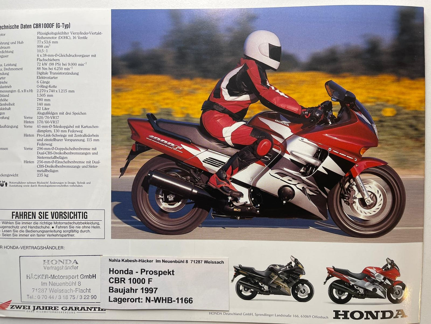 Prospekt Honda CBR1000F CBR 1000 F Bj. 1997 + Aufkleber