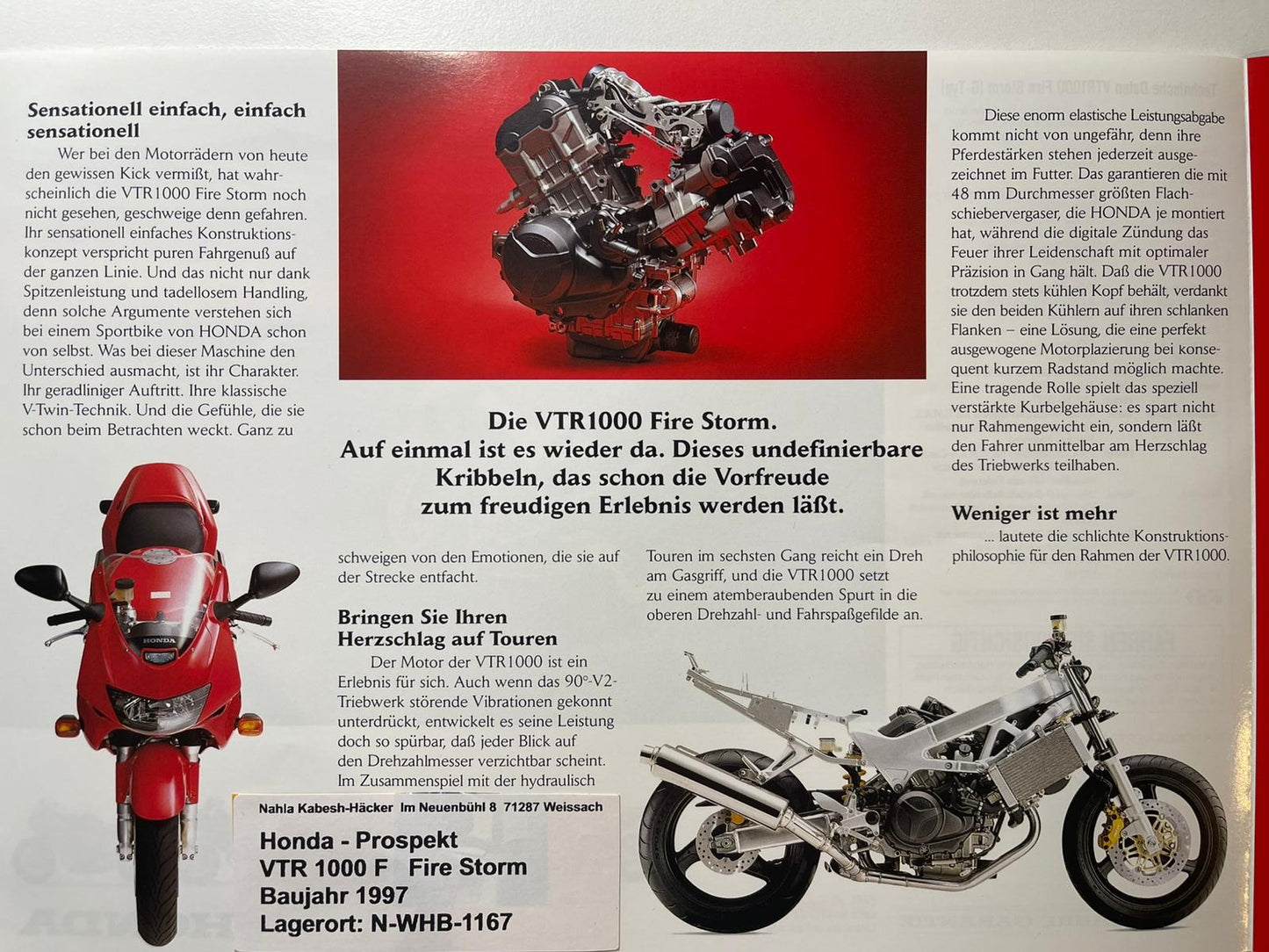 Prospekt Honda VTR1000F Fire Storm Bj. 1999 + Aufkleber