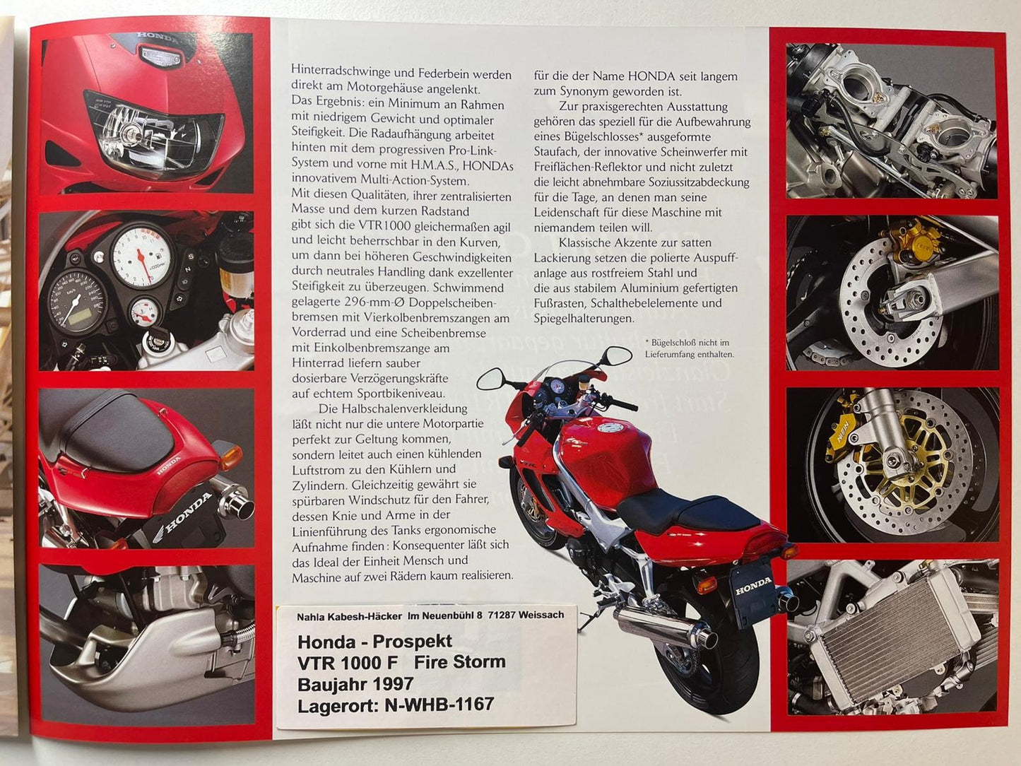 Prospekt Honda VTR1000F Fire Storm Bj. 1999 + Aufkleber