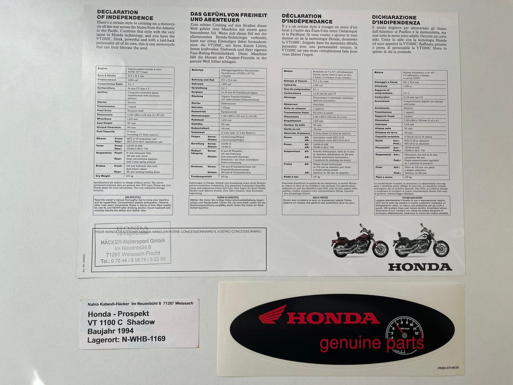 Prospekt Honda VT1100C Shadow Bj. 1994 + Aufkleber