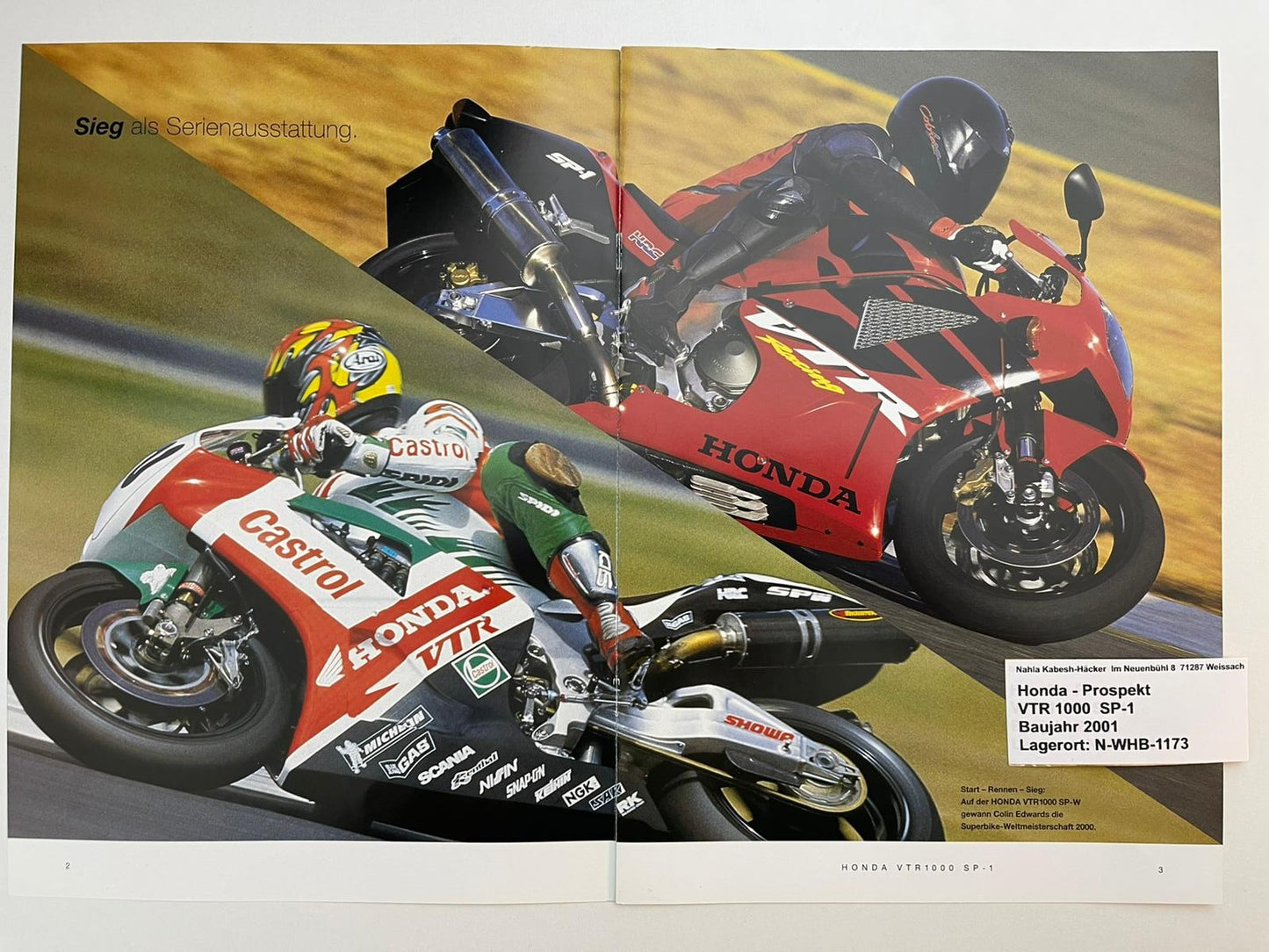 Prospekt Honda VTR1000 SP1 SC45 Bj. 2001 + Aufkleber