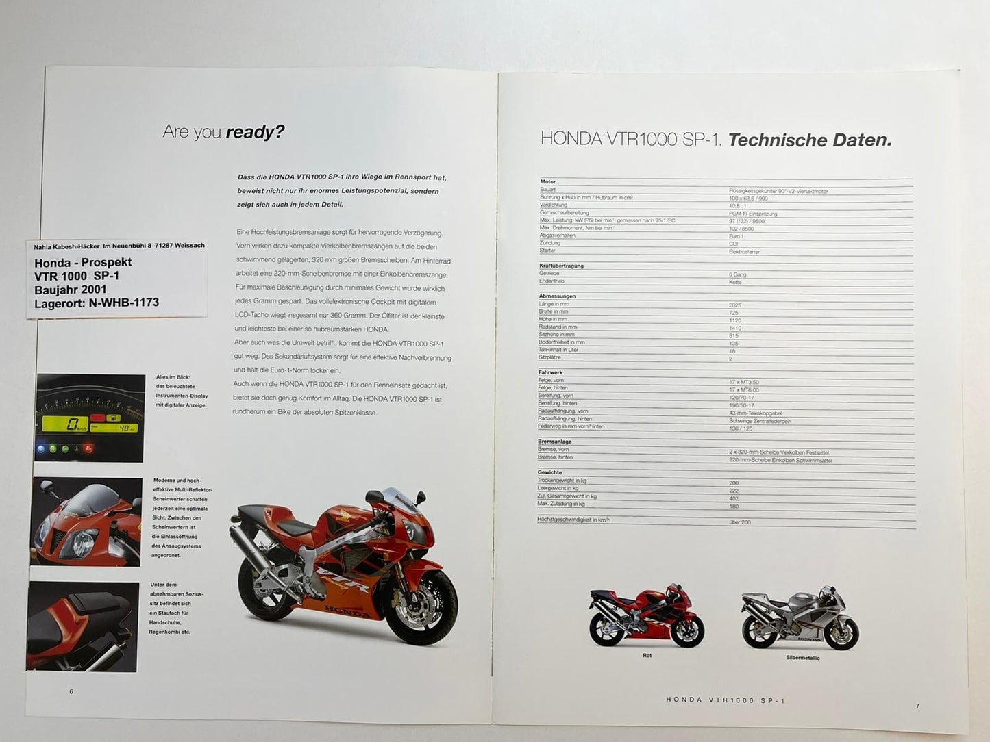 Prospekt Honda VTR1000 SP1 SC45 Bj. 2001 + Aufkleber
