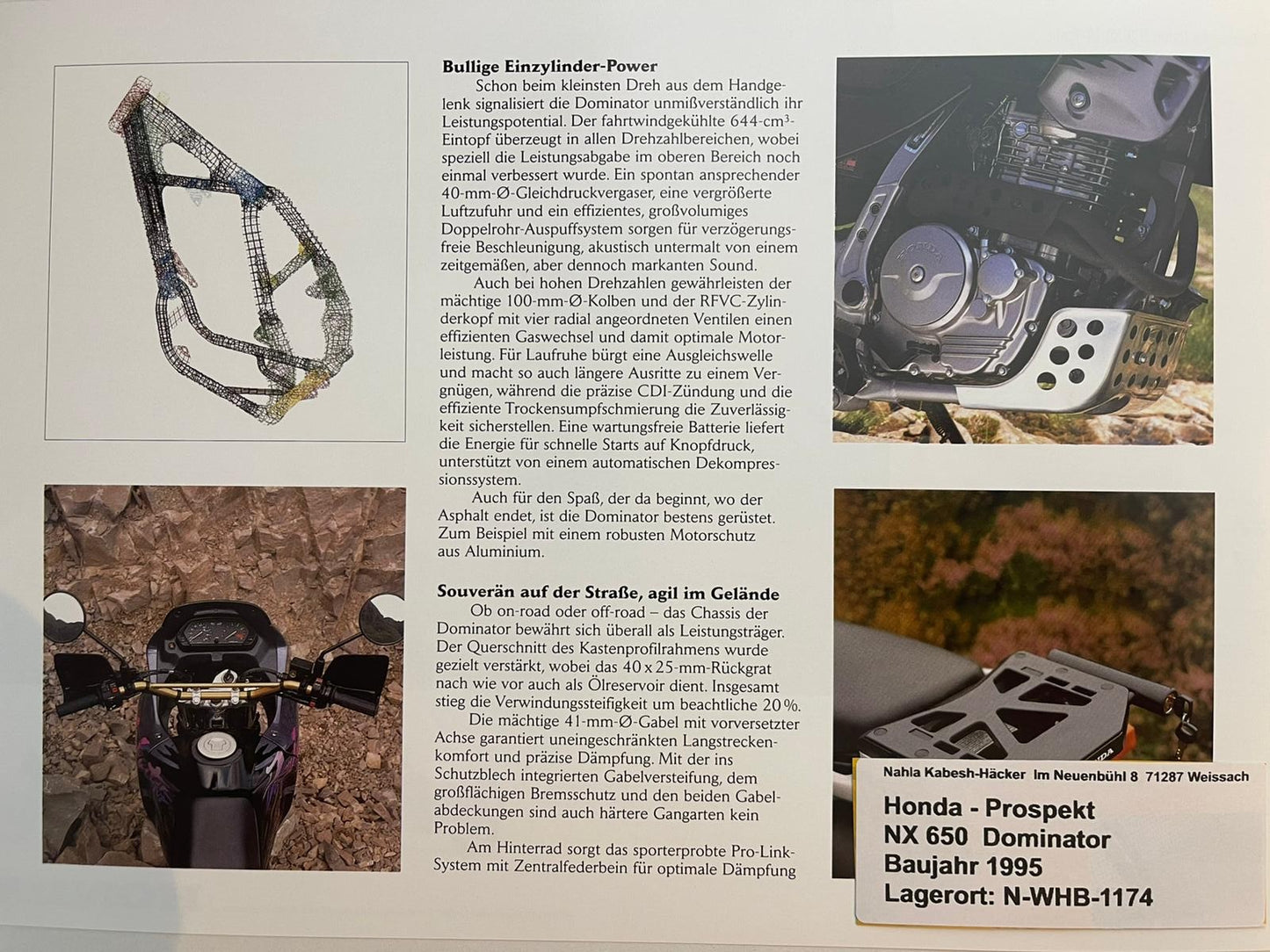Prospekt Honda NX650 Dominator Bj. 1995 + Aufkleber