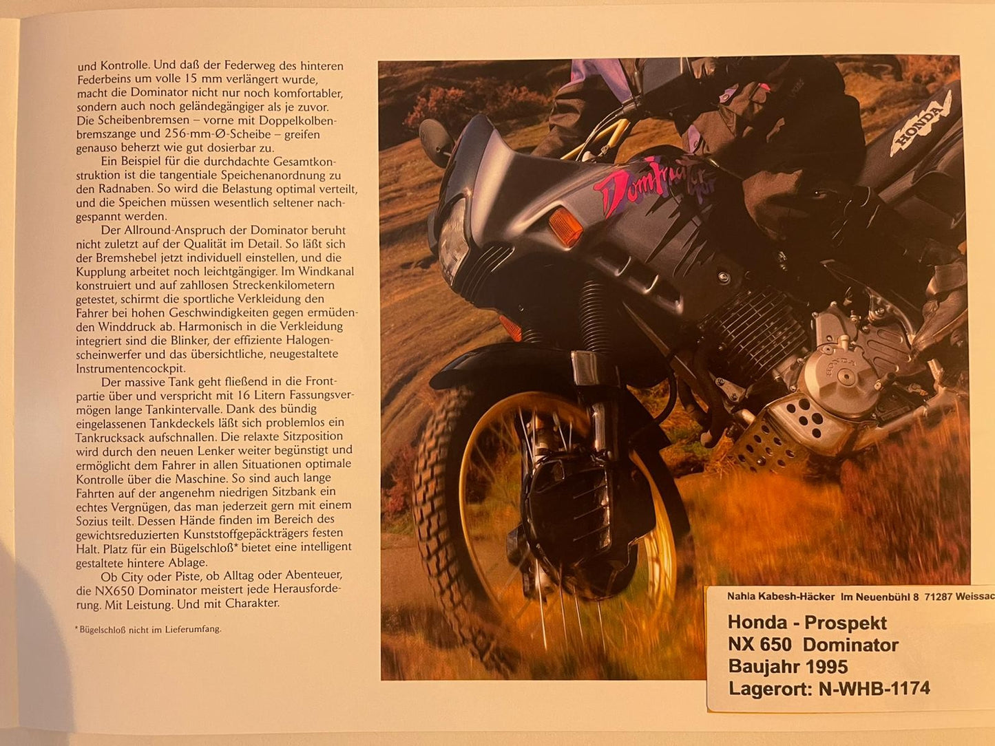 Prospekt Honda NX650 Dominator Bj. 1995 + Aufkleber