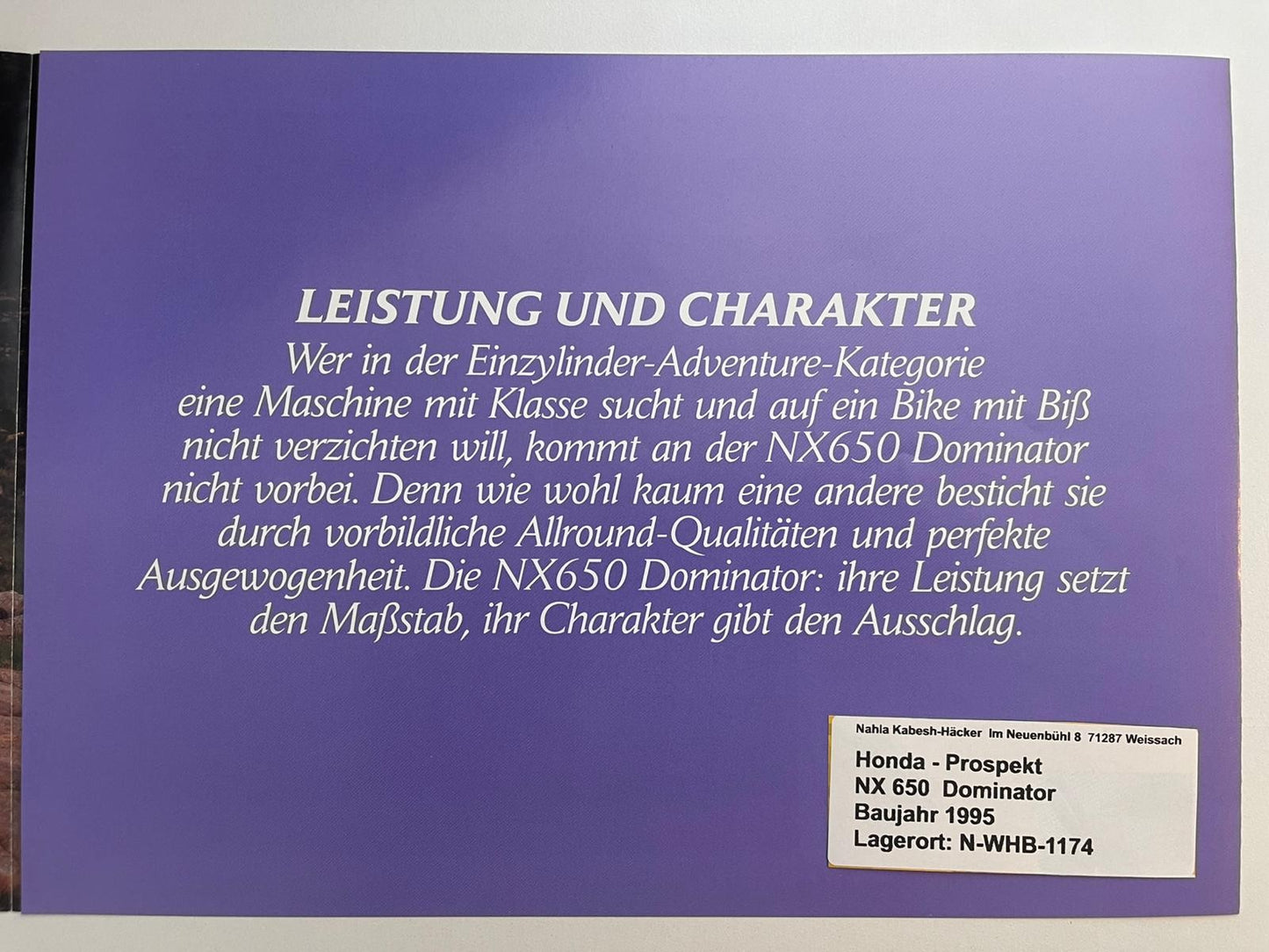 Prospekt Honda NX650 Dominator Bj. 1995 + Aufkleber