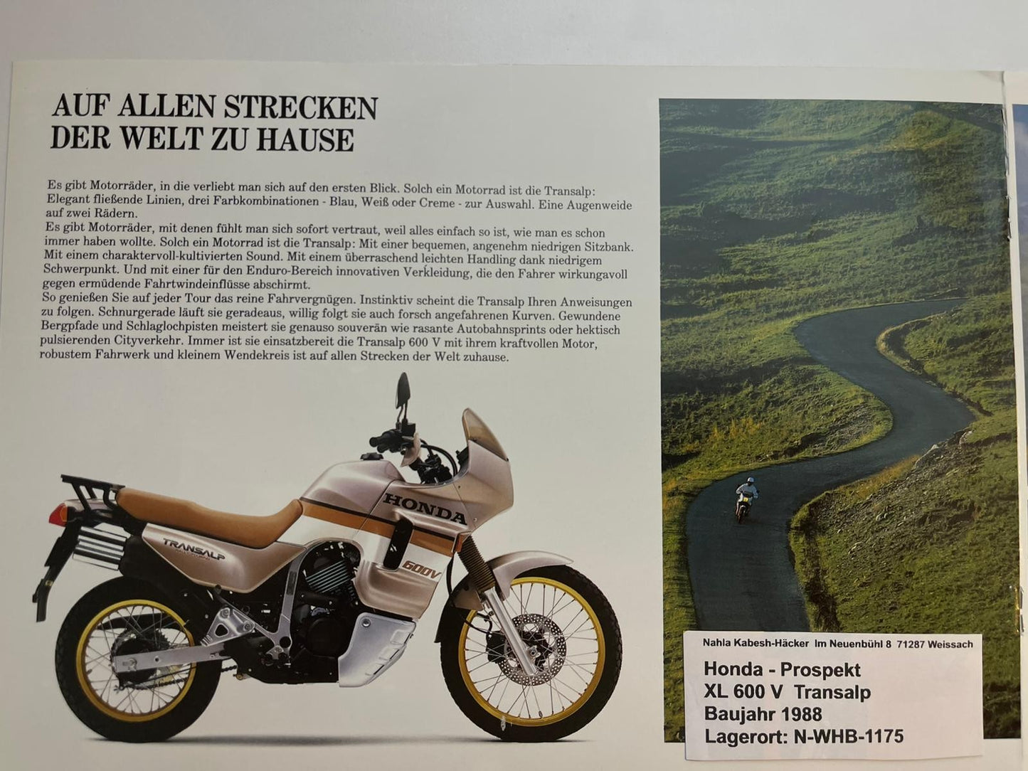 Prospekt Honda XL600V Transalp Bj. 1988 + Aufkleber