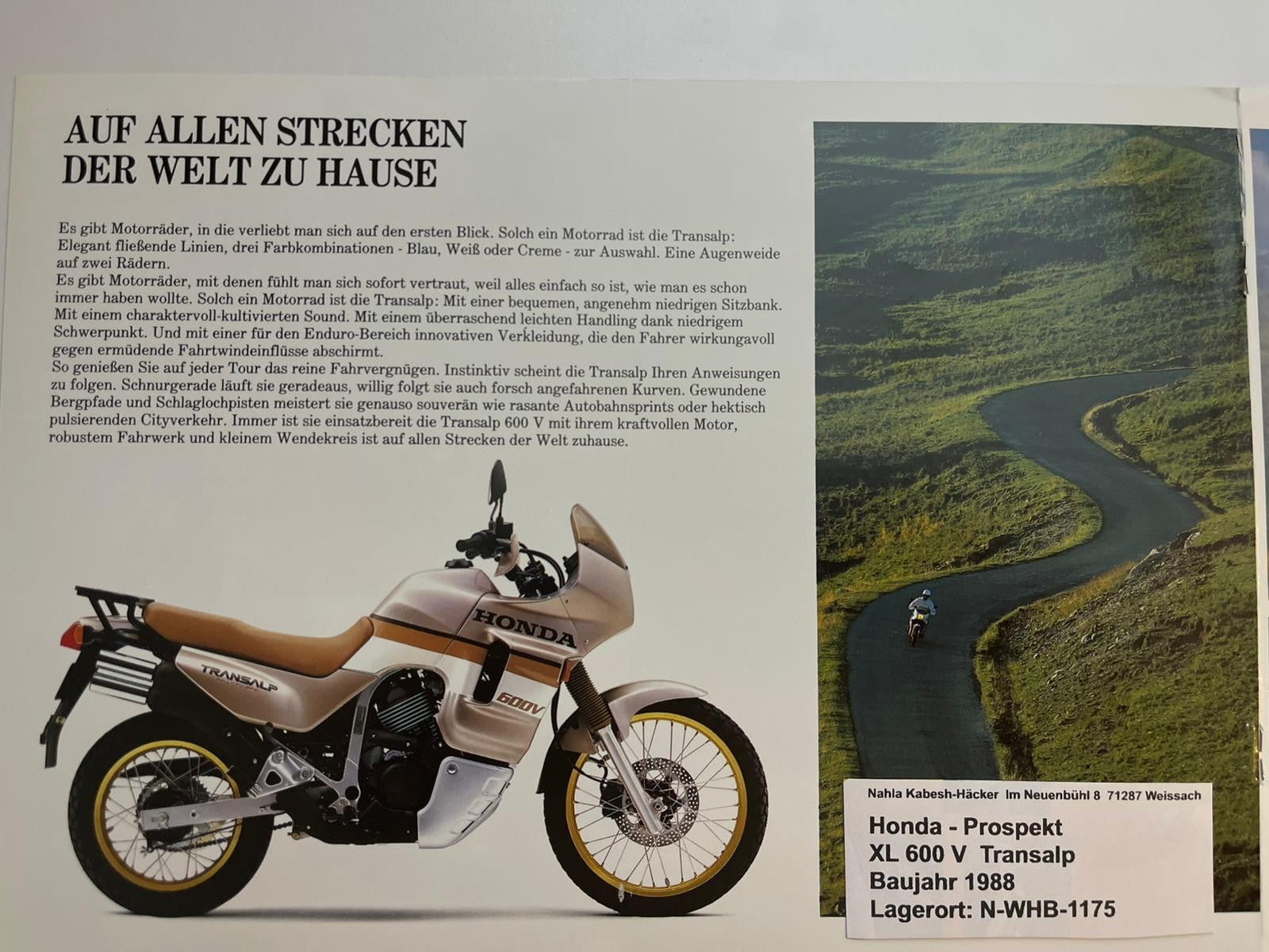Prospekt Honda XL600V Transalp Bj. 1988 + Aufkleber