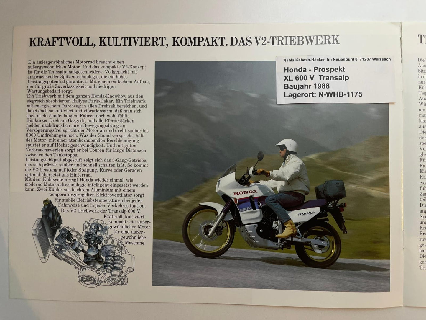 Prospekt Honda XL600V Transalp Bj. 1988 + Aufkleber