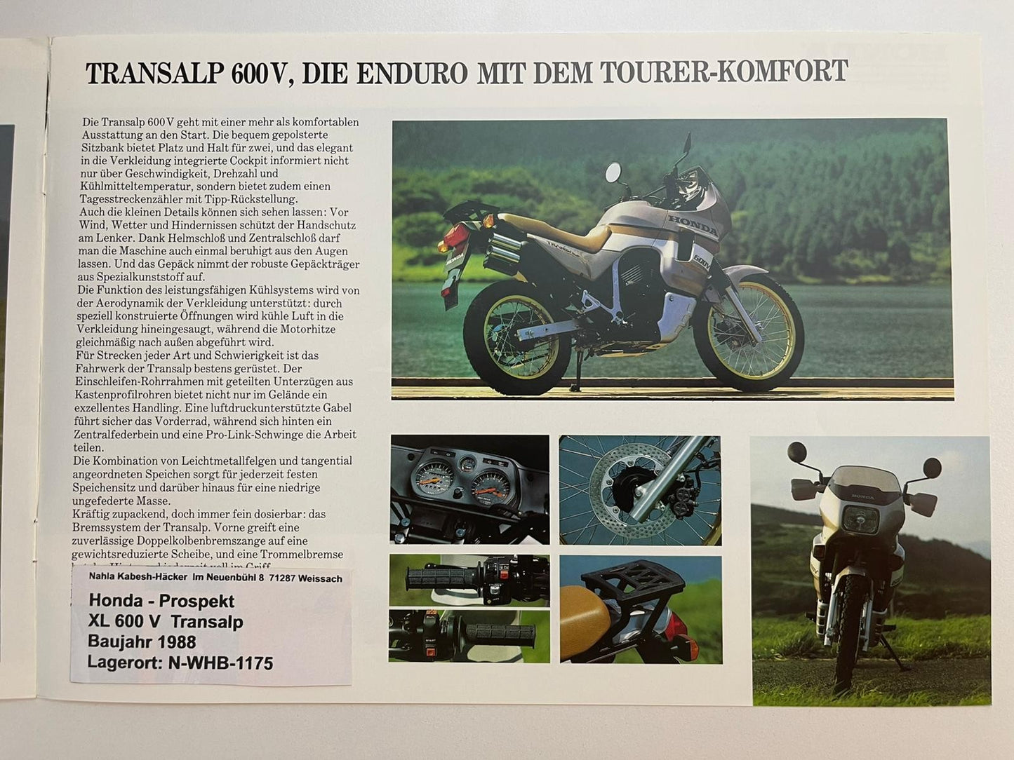 Prospekt Honda XL600V Transalp Bj. 1988 + Aufkleber