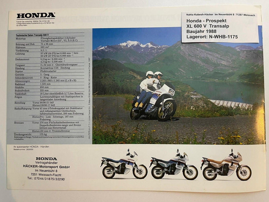 Prospekt Honda XL600V Transalp Bj. 1988 + Aufkleber