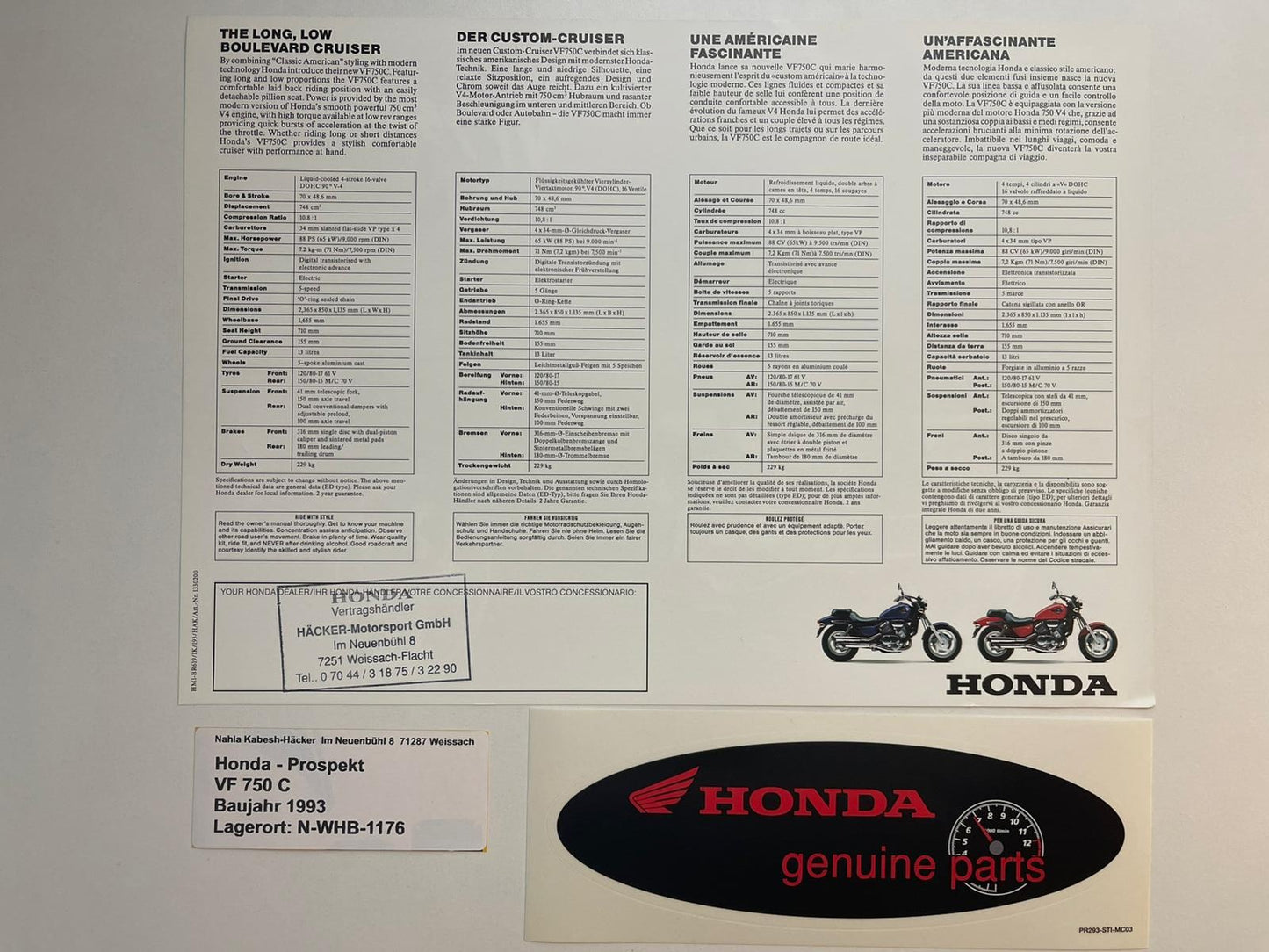 Prospekt Honda VF750C Magna Bj. 1993 + Aufkleber