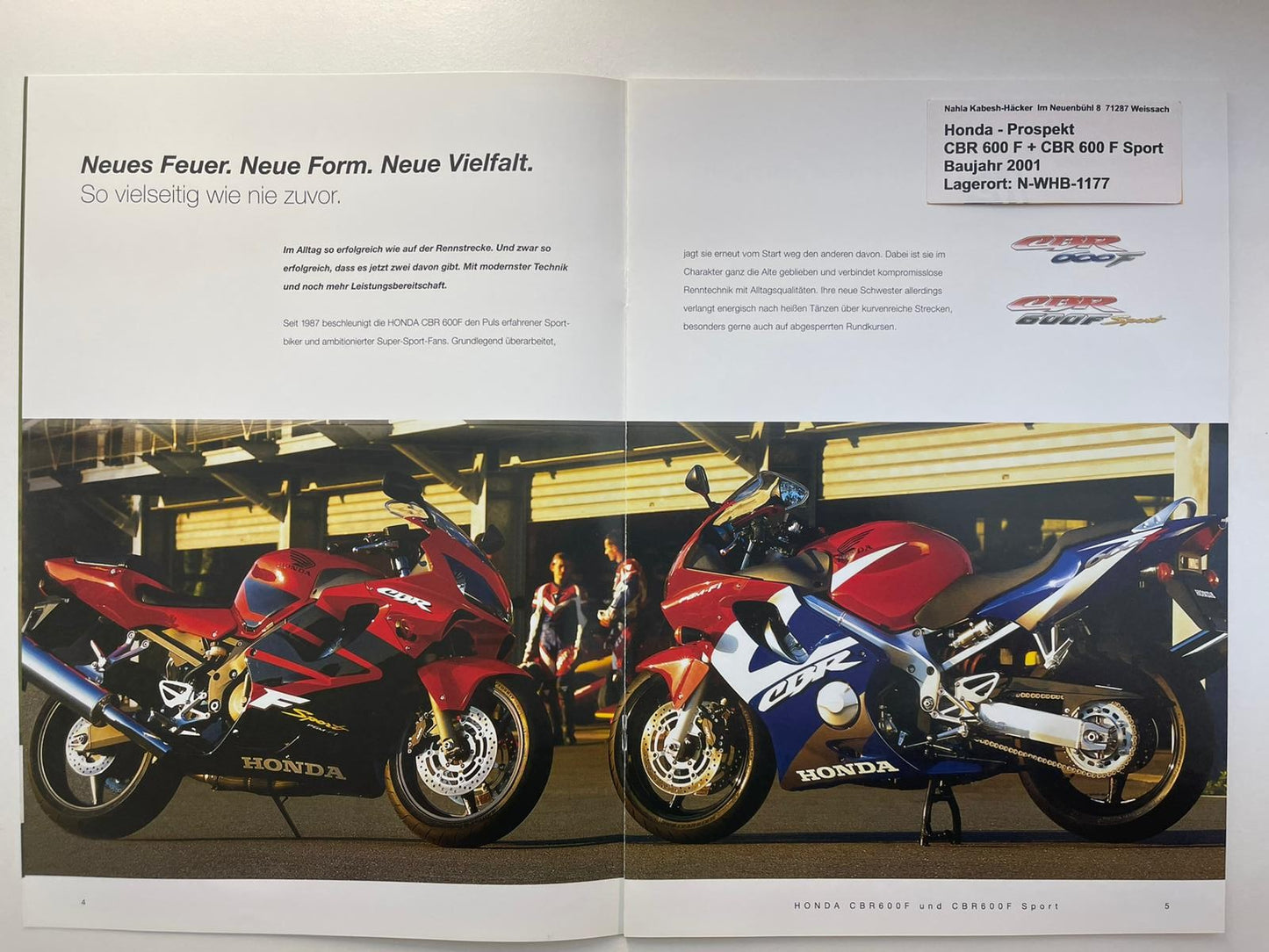 Prospekt Honda CBR600F CBR 600 F Sport Bj. 2001 + Aufkleber