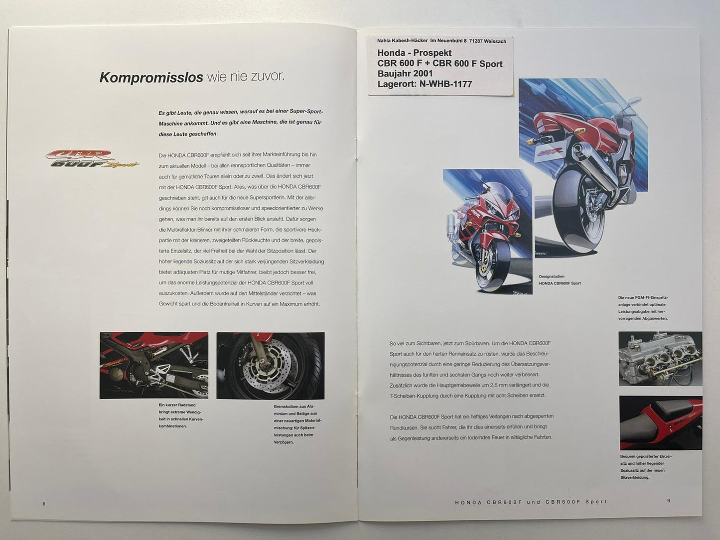 Prospekt Honda CBR600F CBR 600 F Sport Bj. 2001 + Aufkleber