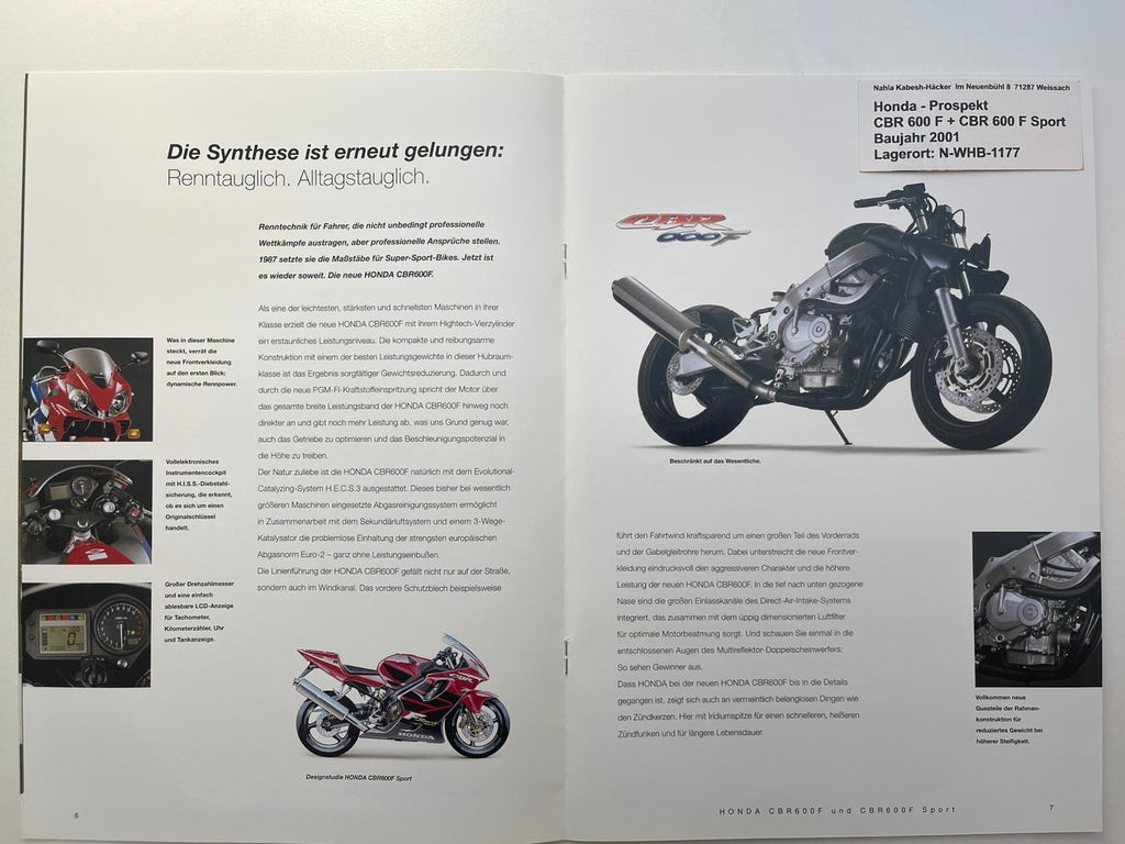 Prospekt Honda CBR600F CBR 600 F Sport Bj. 2001 + Aufkleber