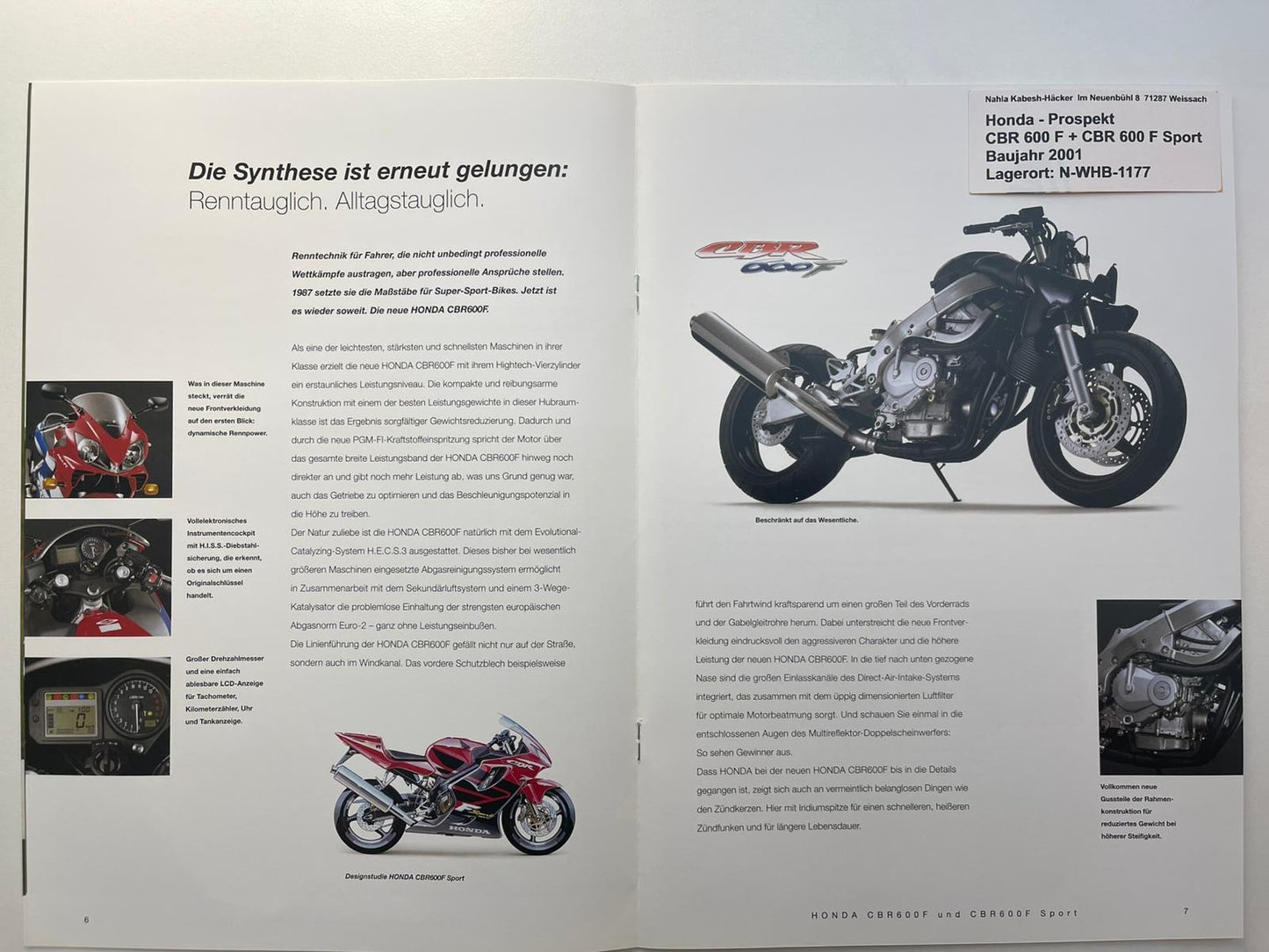 Prospekt Honda CBR600F CBR 600 F Sport Bj. 2001 + Aufkleber