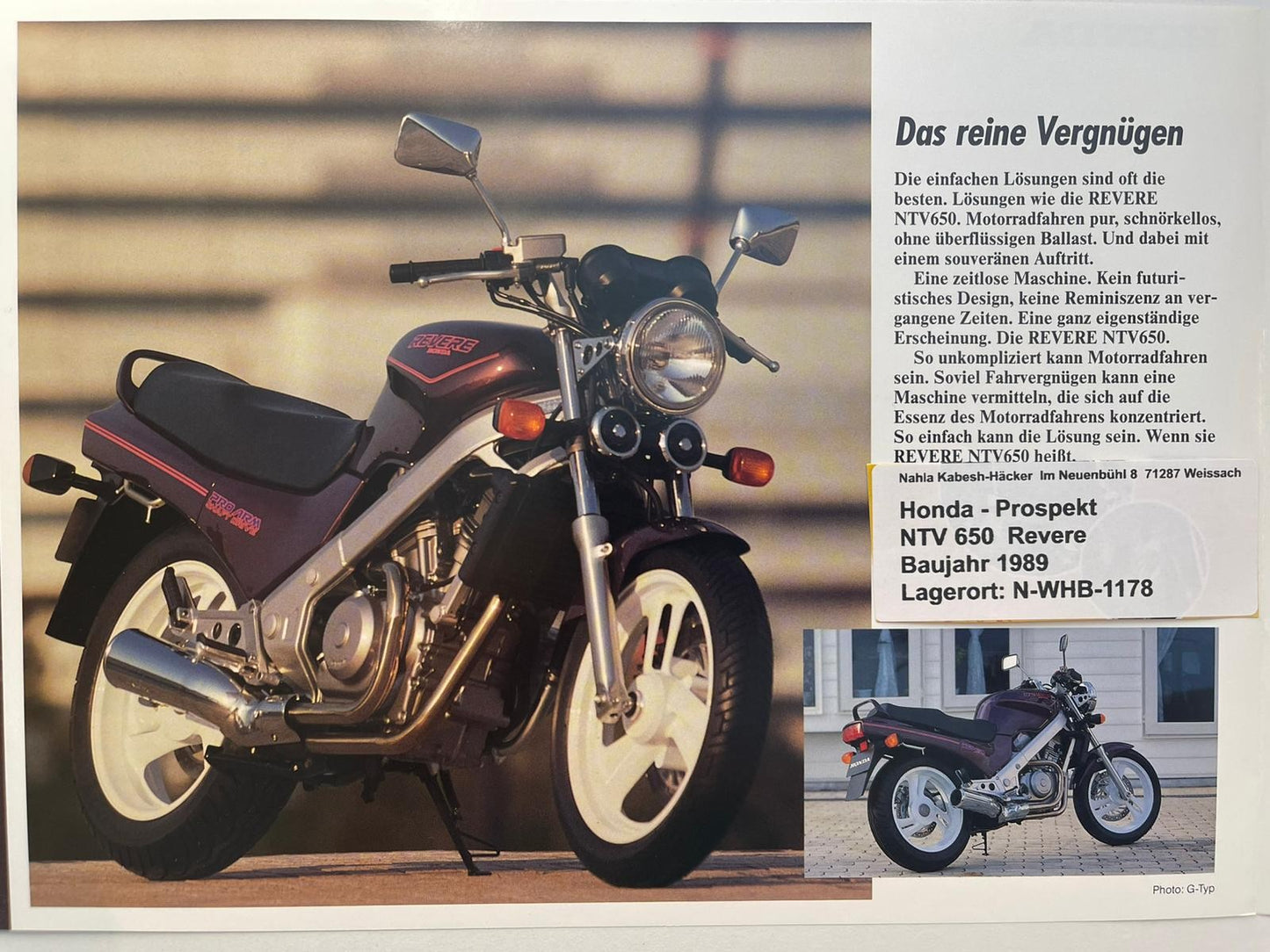 Prospekt Honda NTV650 Revere Bj. 1989 + Aufkleber